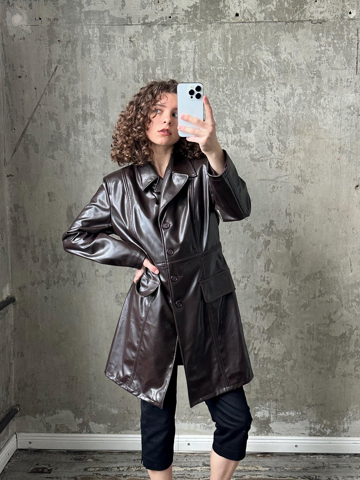 Vintage faux leather coat in dark brown