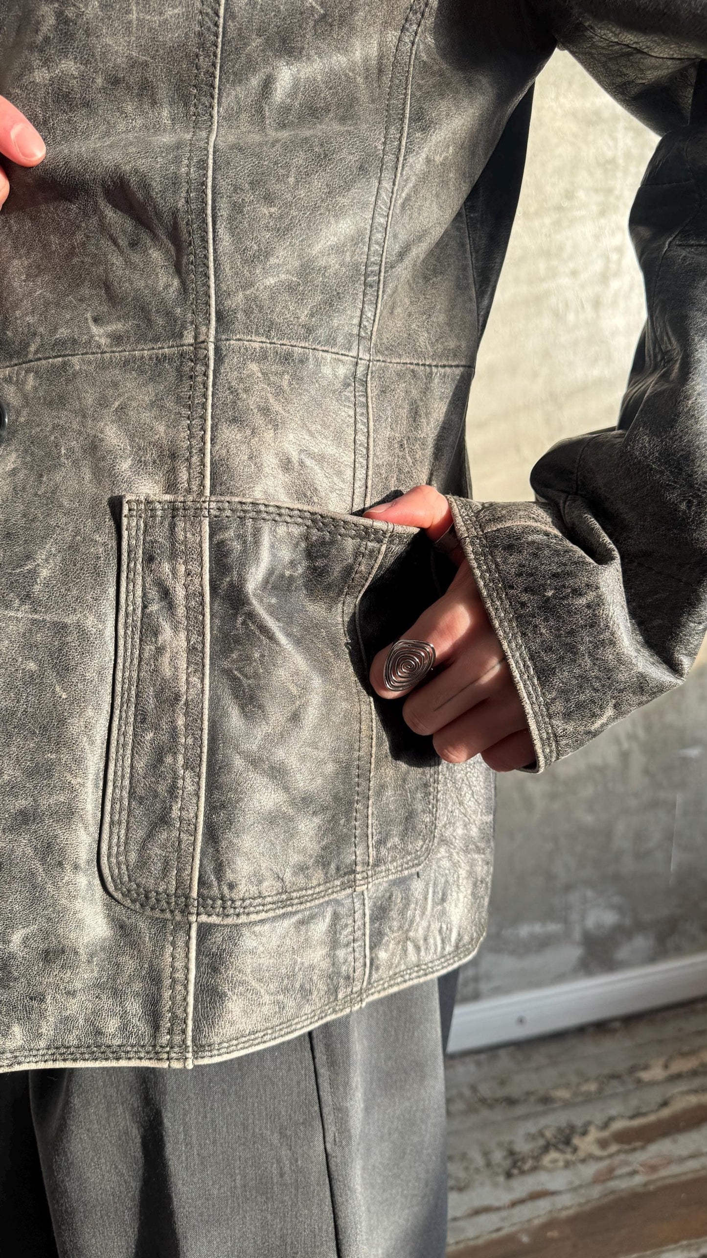 Vintage 90s Burnt Boxy Leather Jacket In Black/Grey