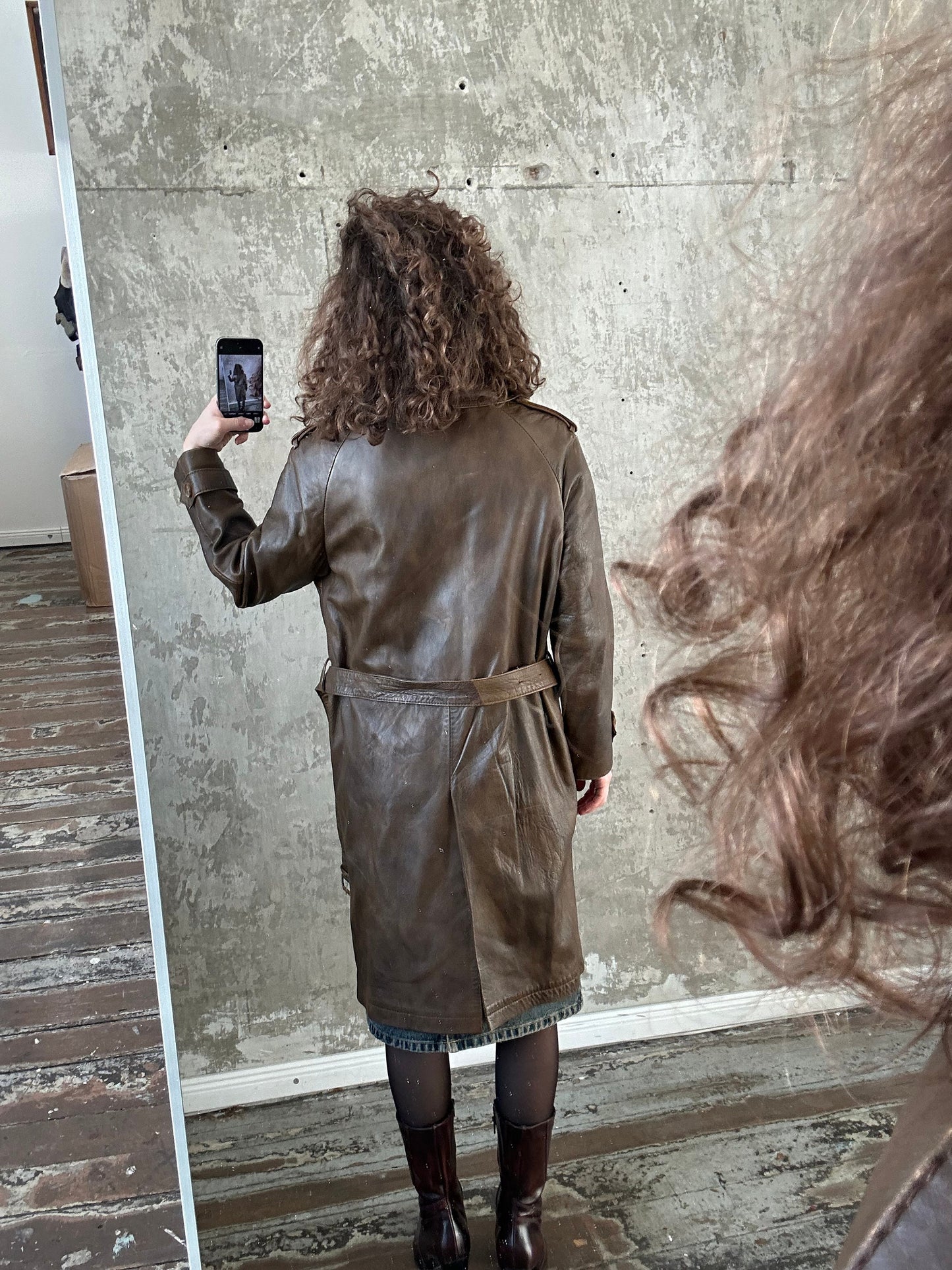 Vintage 90s genuine leather coat in brown, belted coat