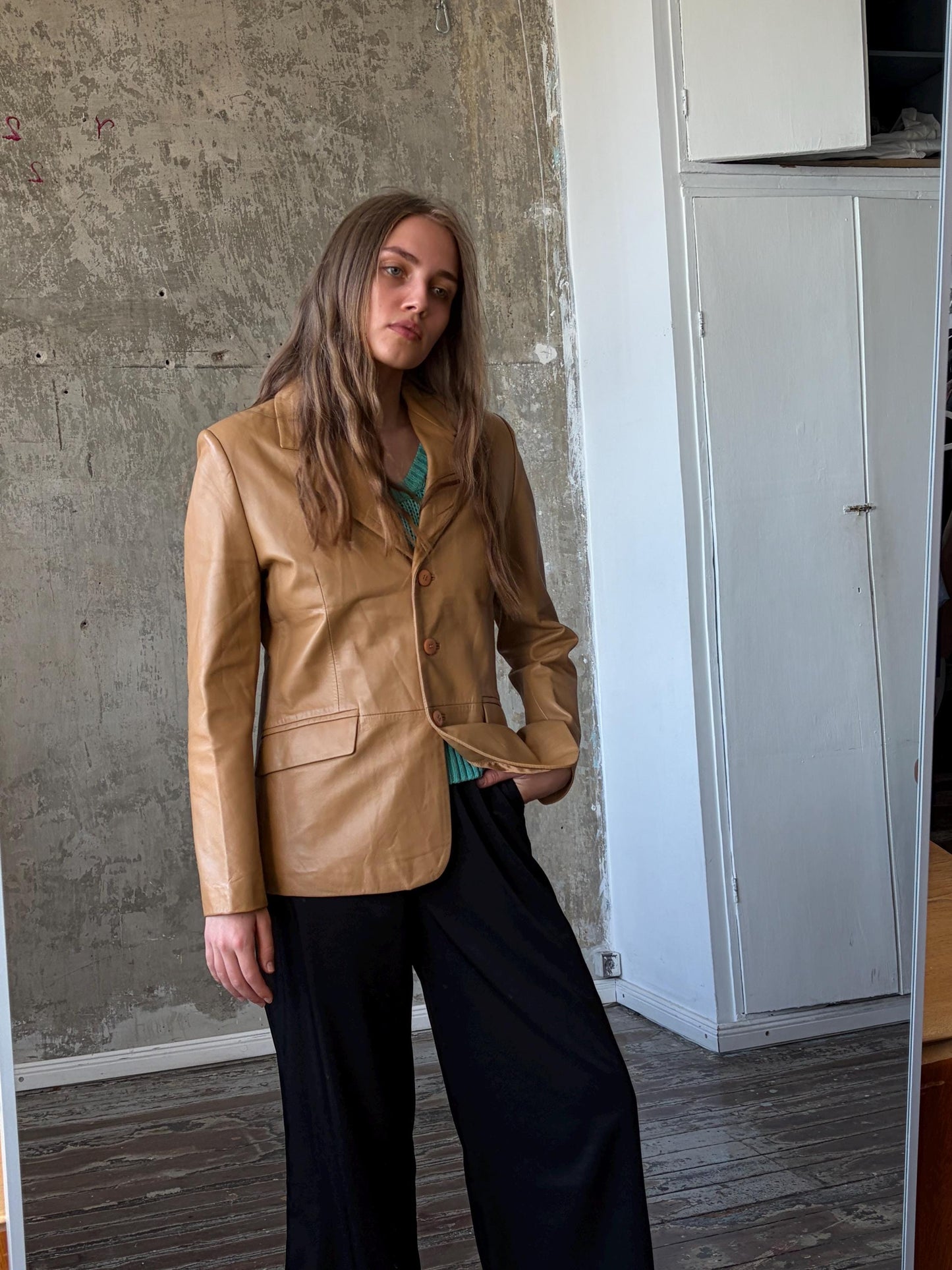 Vintage Caramel Leather Blazer | Lamb Leather Brown Jacket
