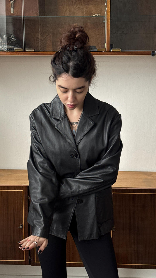 Vintage 80s Oversized Leather Blazer In Black