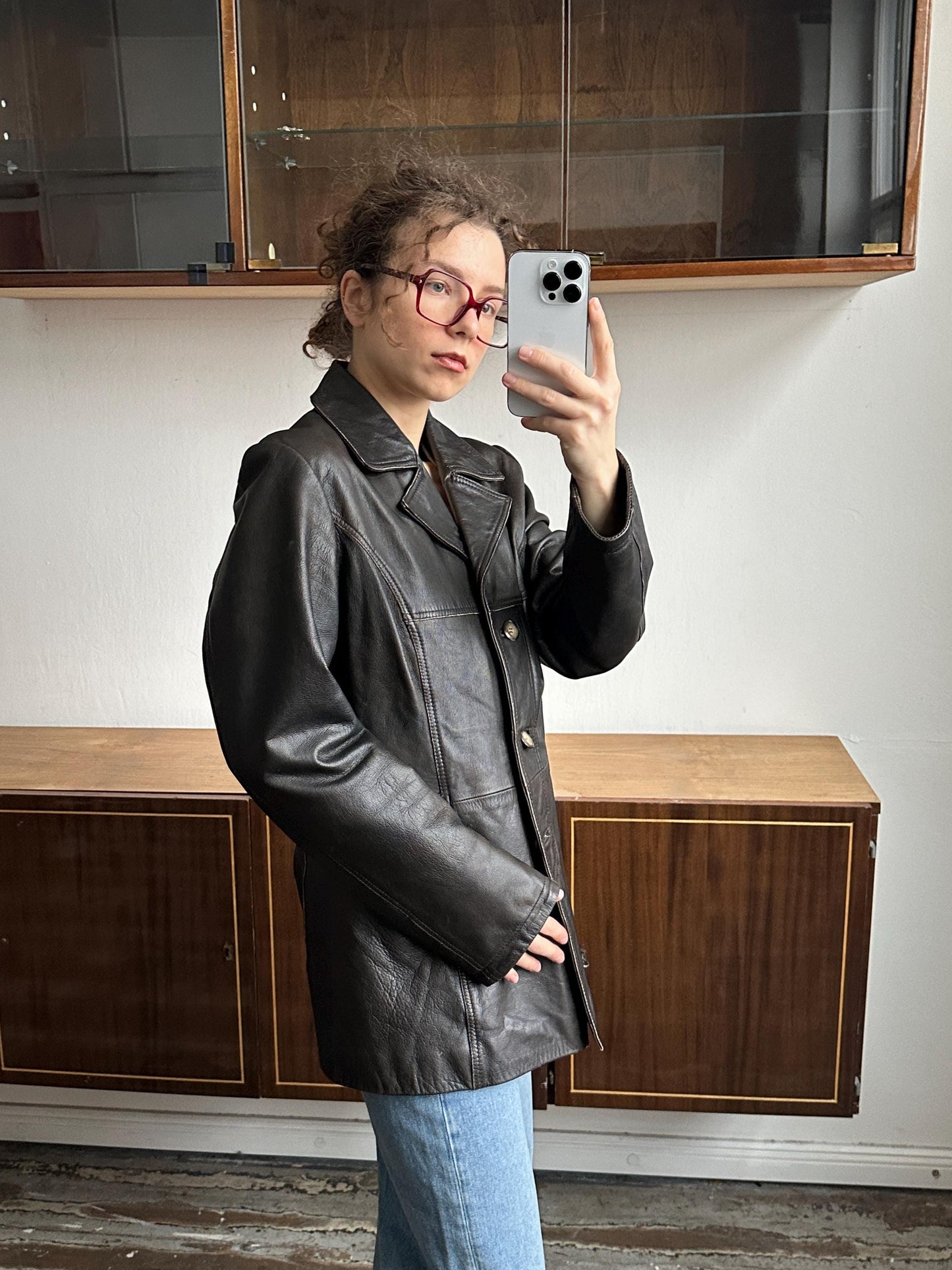Vintage 90s Minimalist Leather Jacket In Dark Brown