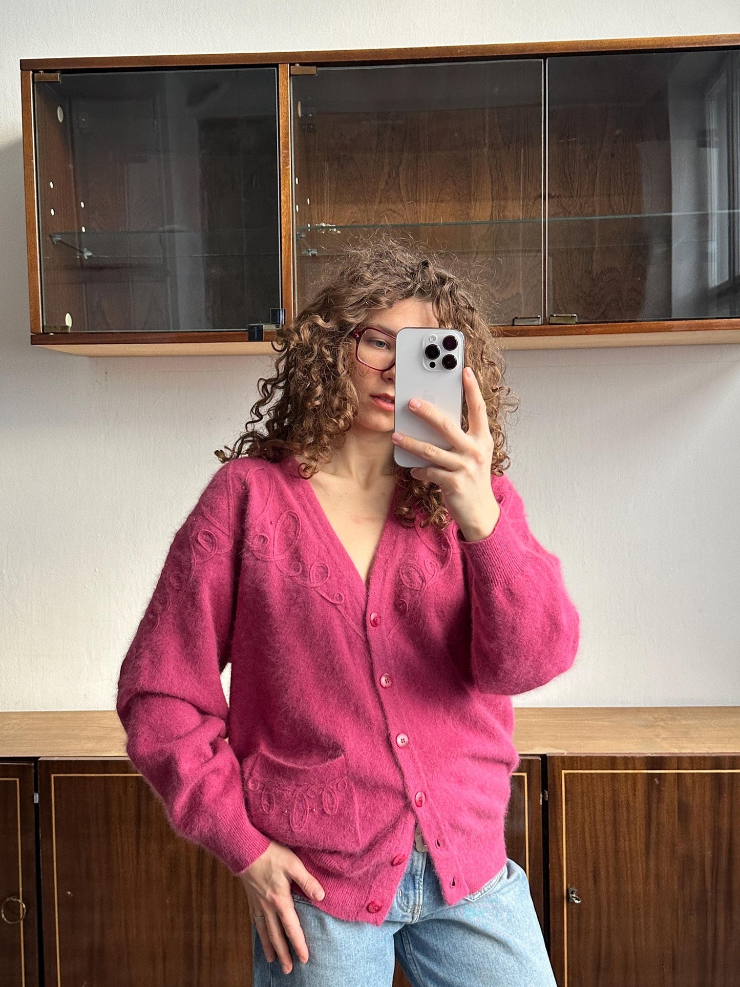 Vintage Angora Wool Embroidered Cardigan In Pink