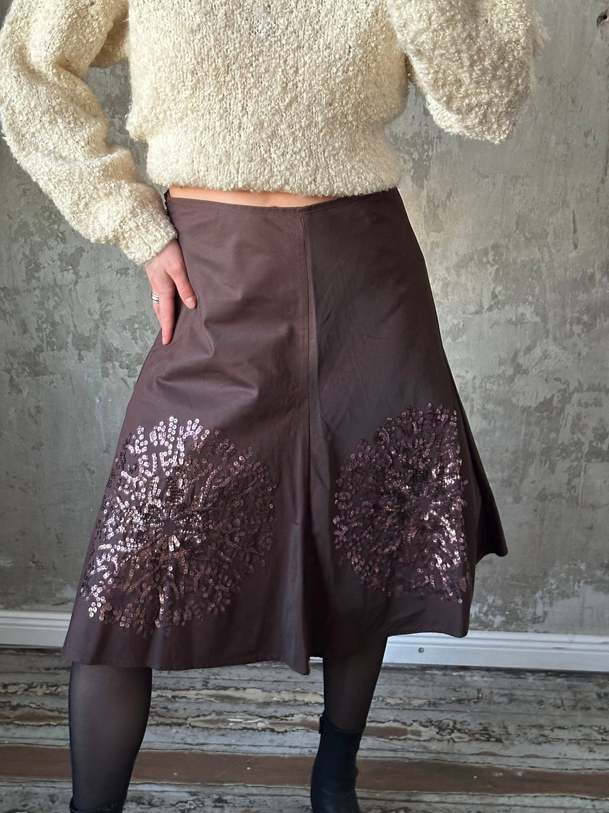 Vintage y2k shiny satin skirt in brown, midi office look skirt