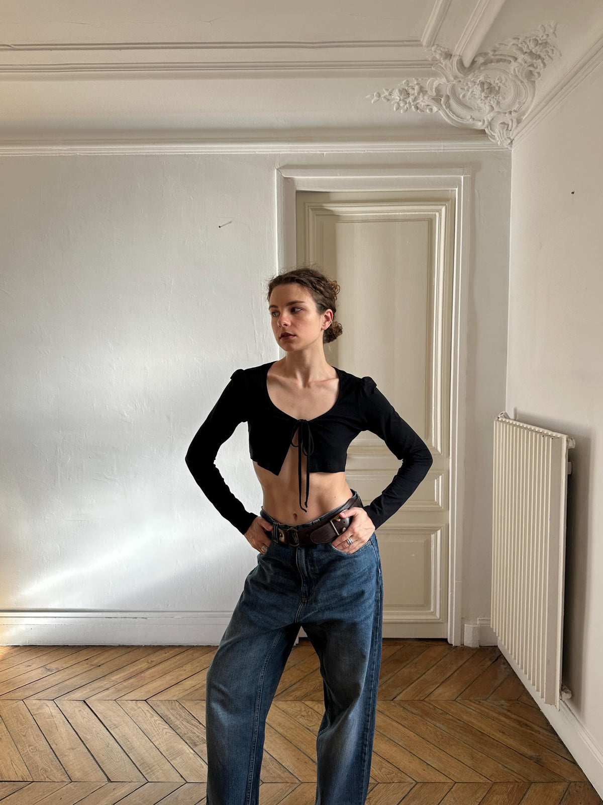 Vintage Cop Copine Cropped Knit Cardigan in Black