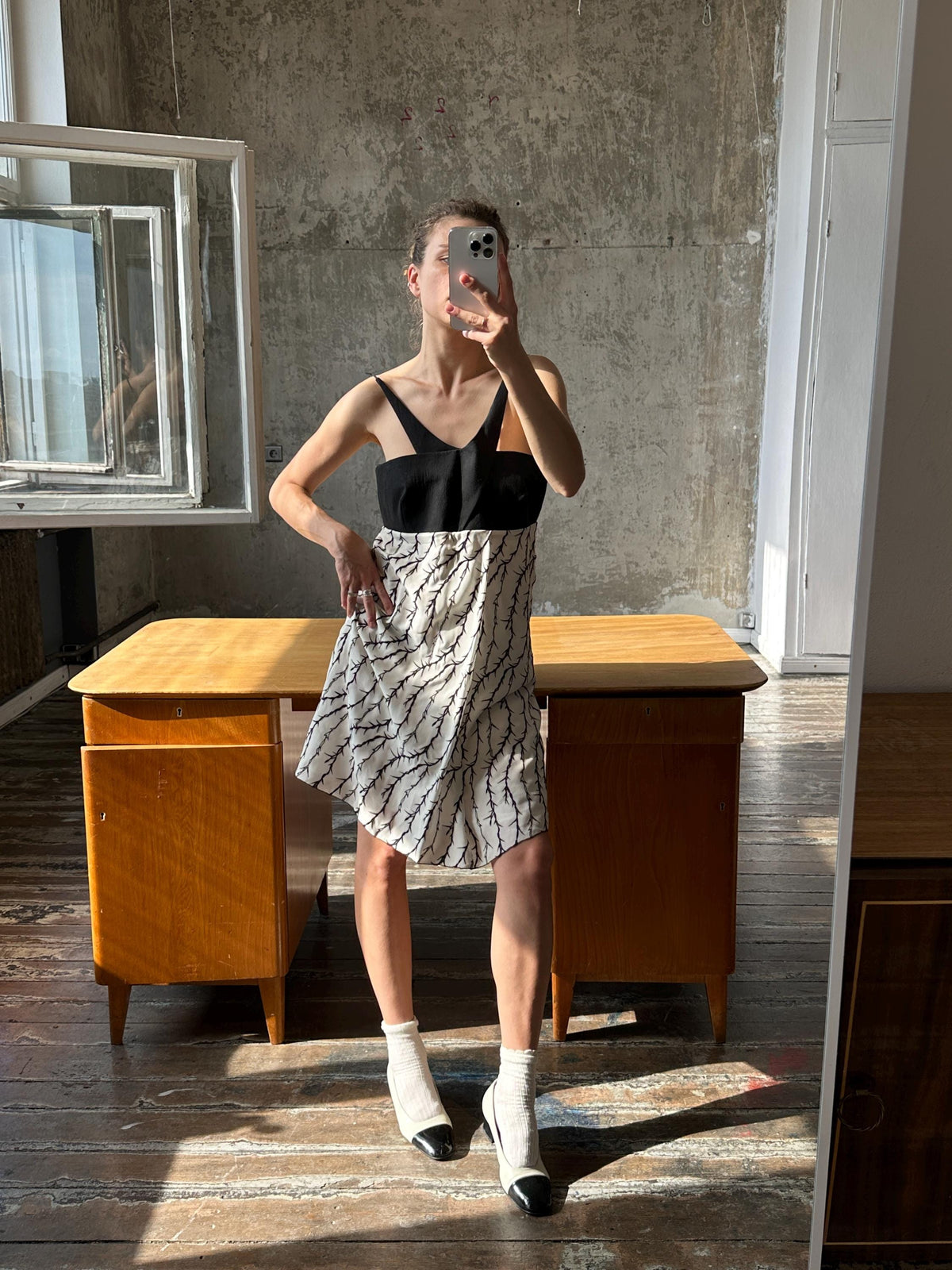 Vintage Balenciaga Branch Halter Dress in Black and White | Nicolas Ghesquière Era Silk Dress