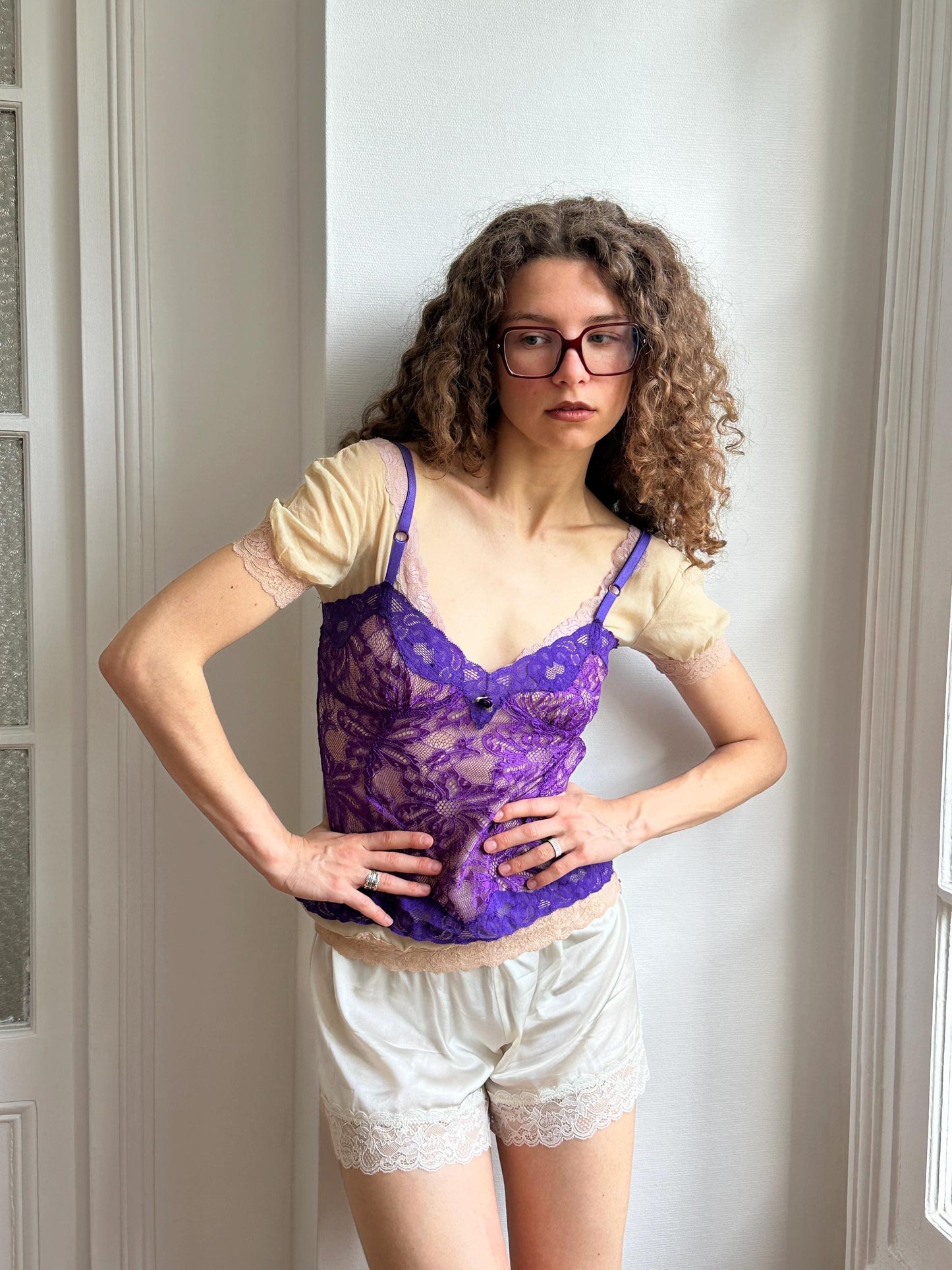 Vintage Dolce & Gabbana Lace Purple Top with Silk Blush Pink Cap Sleeve