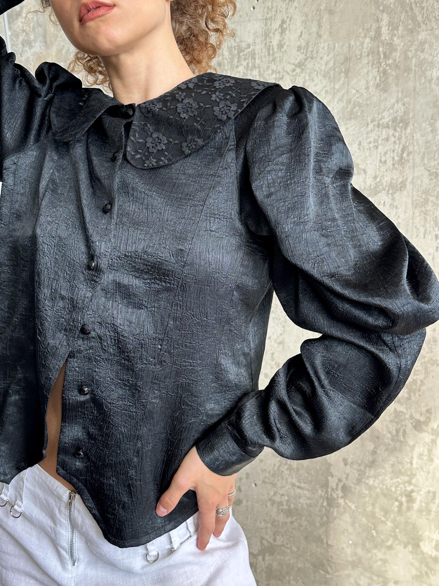 Vintage Black Puff Sleeve Romantic Draped Blouse