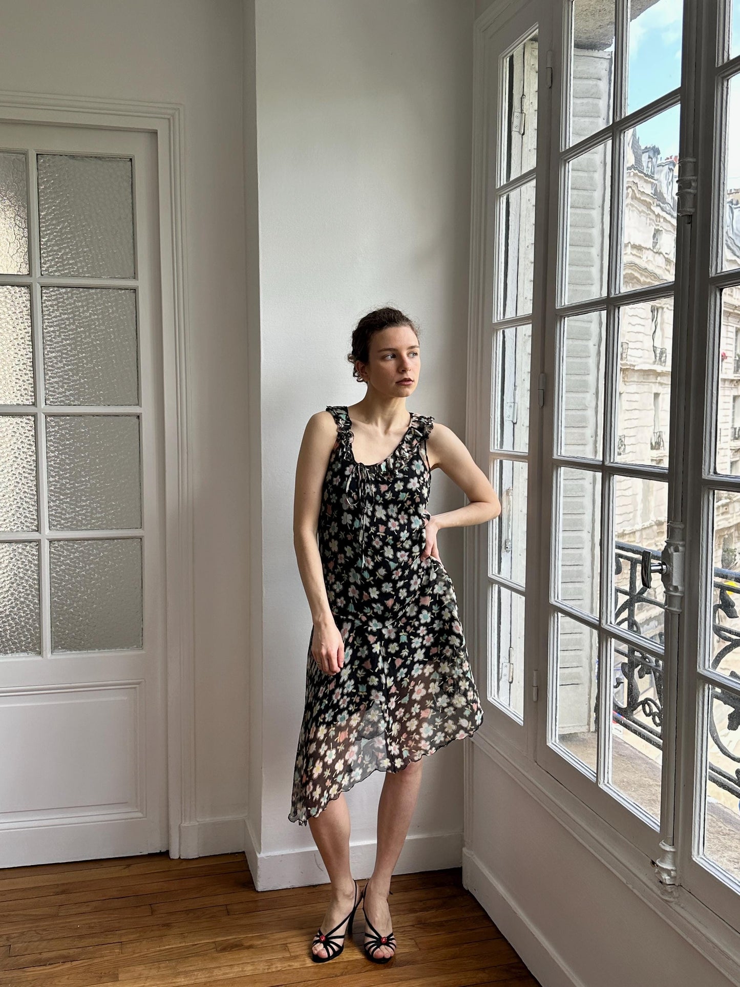 Moschino Cheap and Chic Black Floral Chiffon Midi Dress