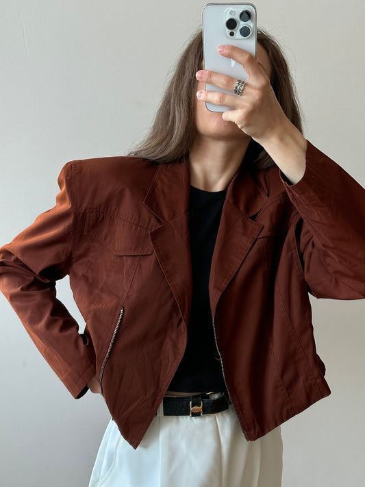 Vintage red loose linen jacket, zipped cropped jacket