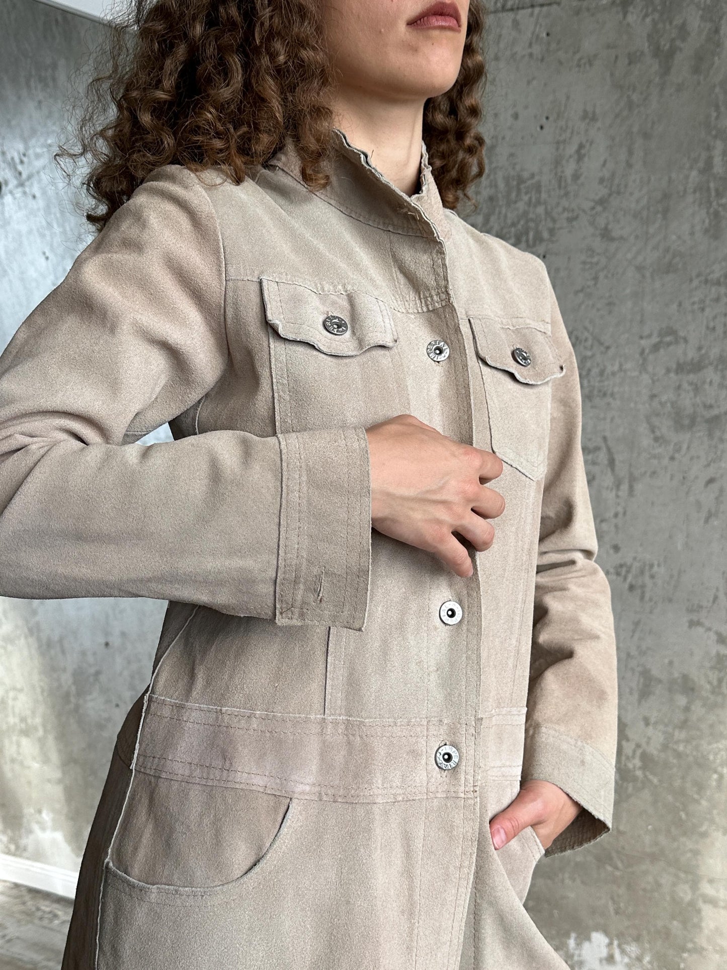 Vintage Beige Suede Leather Coat with Raw Edge