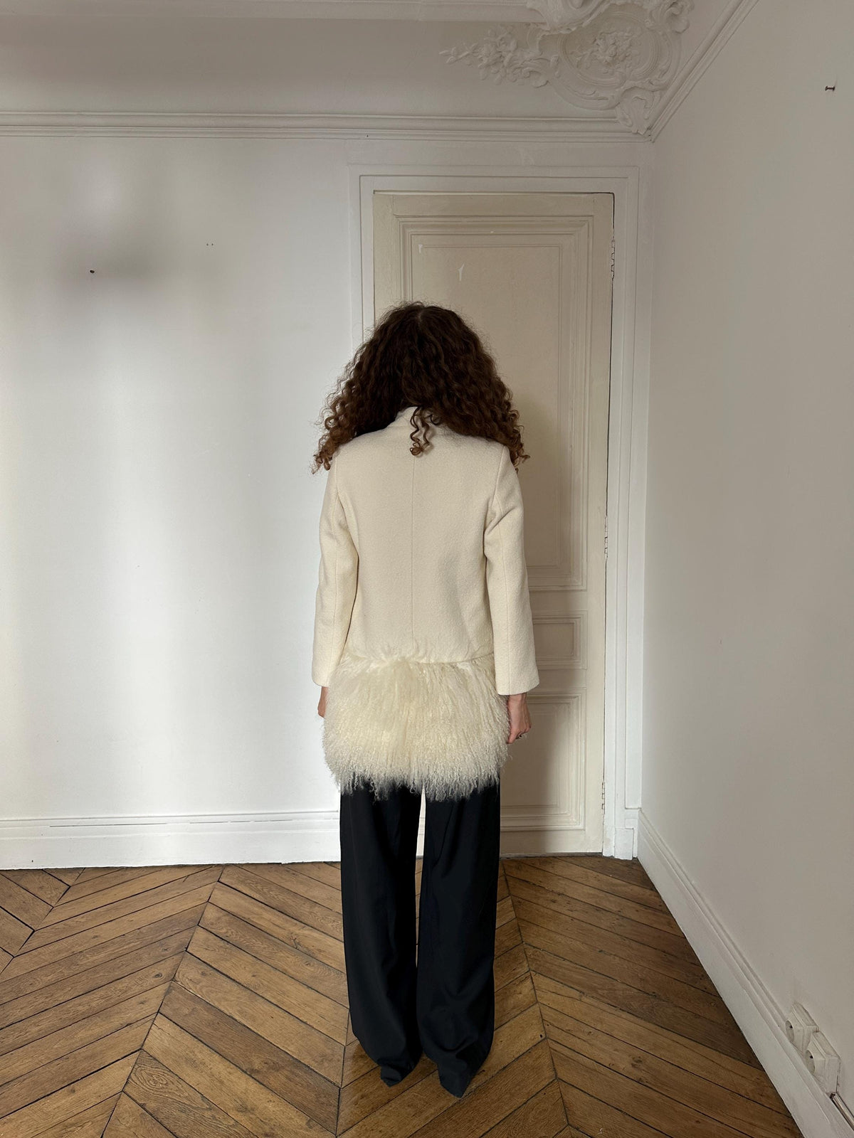 Vintage Boucle Mongolian Fur Hem Coat in Cream