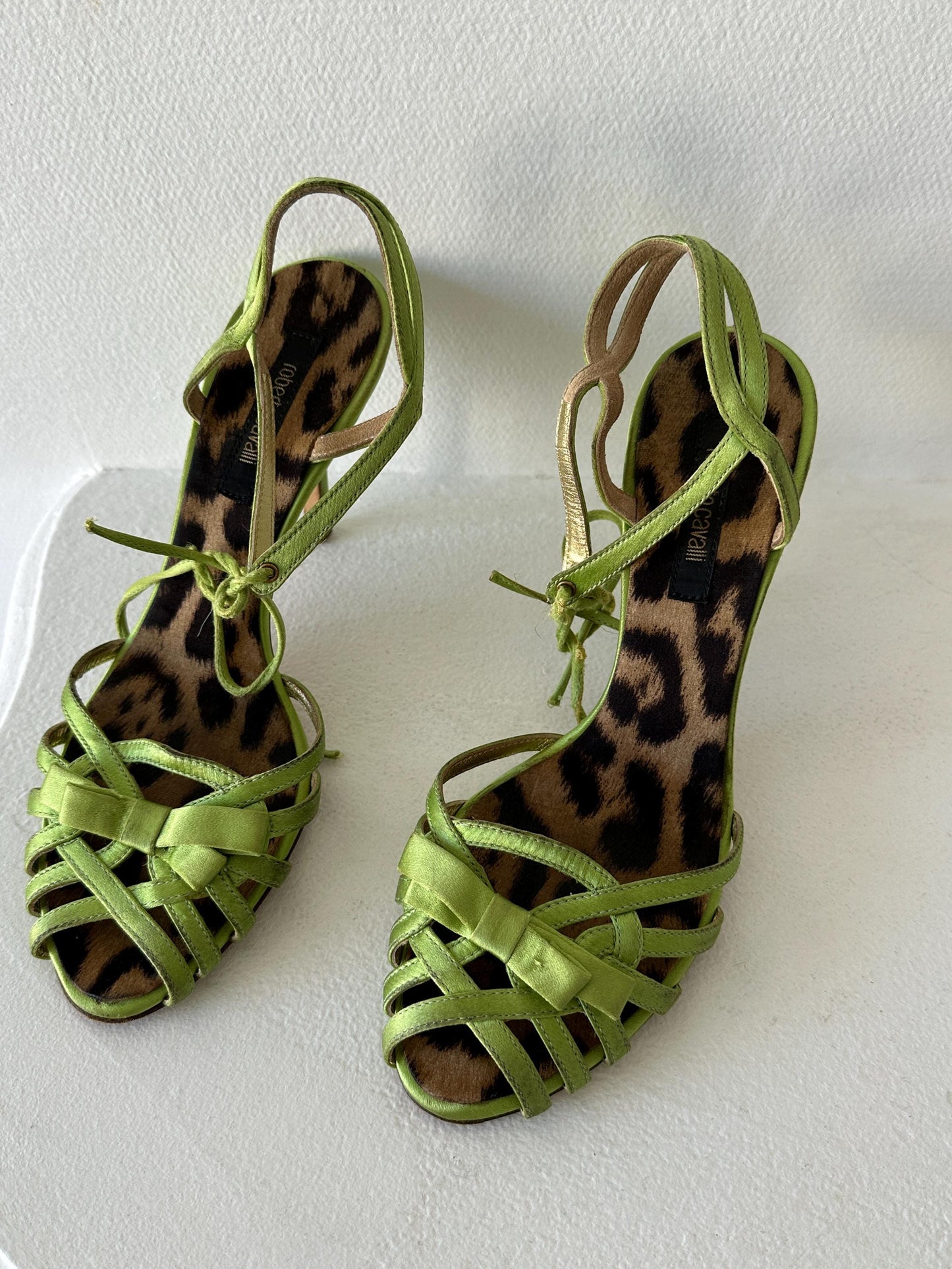 Roberto Cavalli Lime Green Metallic Satin Strappy Heels I EU 38
