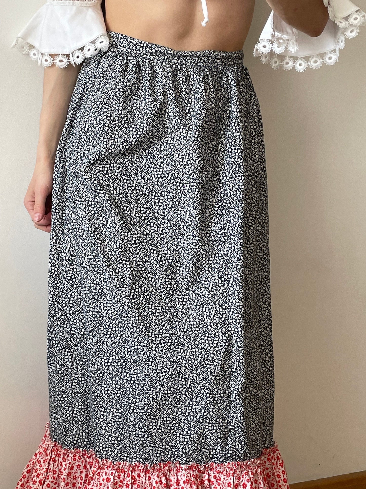 Vintage loose linen skirt, traditional maxi skirt with flowers
