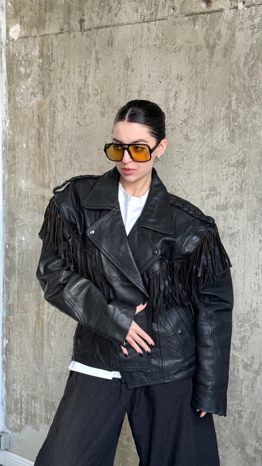 Vintage 90s Leather Biker Fringe Jacket In Black