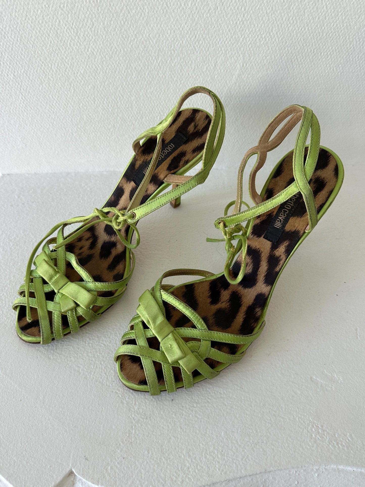 Roberto Cavalli Lime Green Metallic Satin Strappy Heels I EU 38