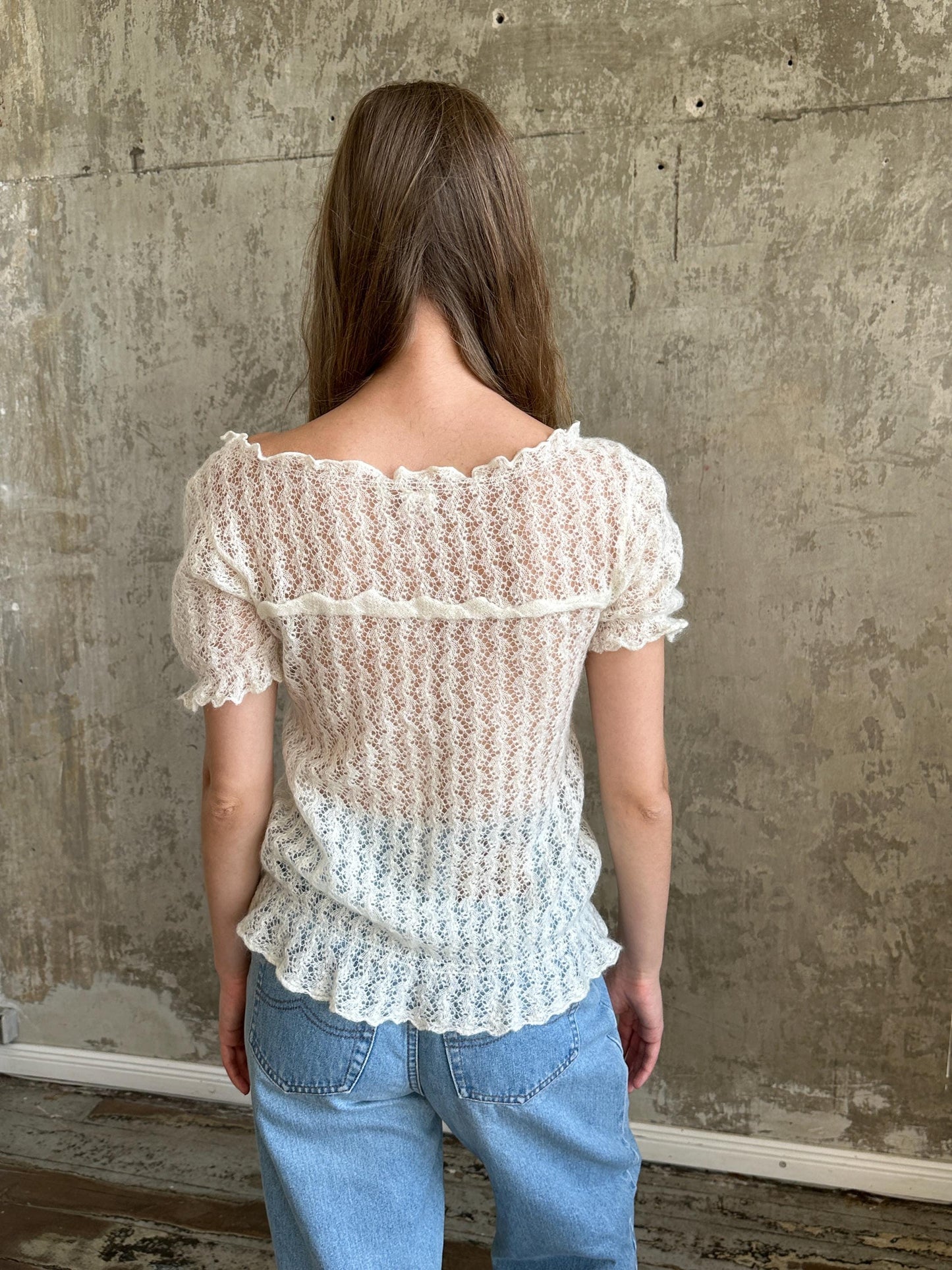 Vintage Mohair Romantic Ruffle Top in White I Sheer Knitted Top