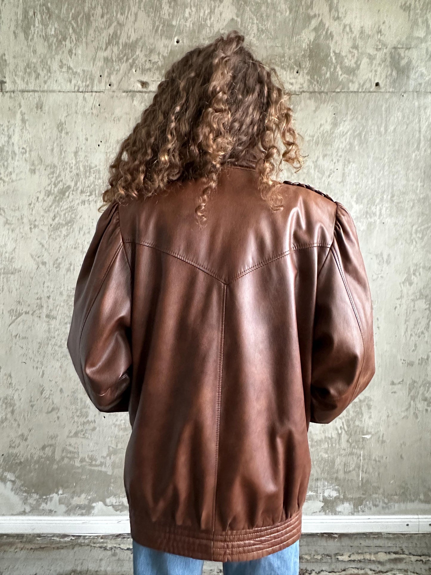 Vintage 80s button up leather jacket in brown
