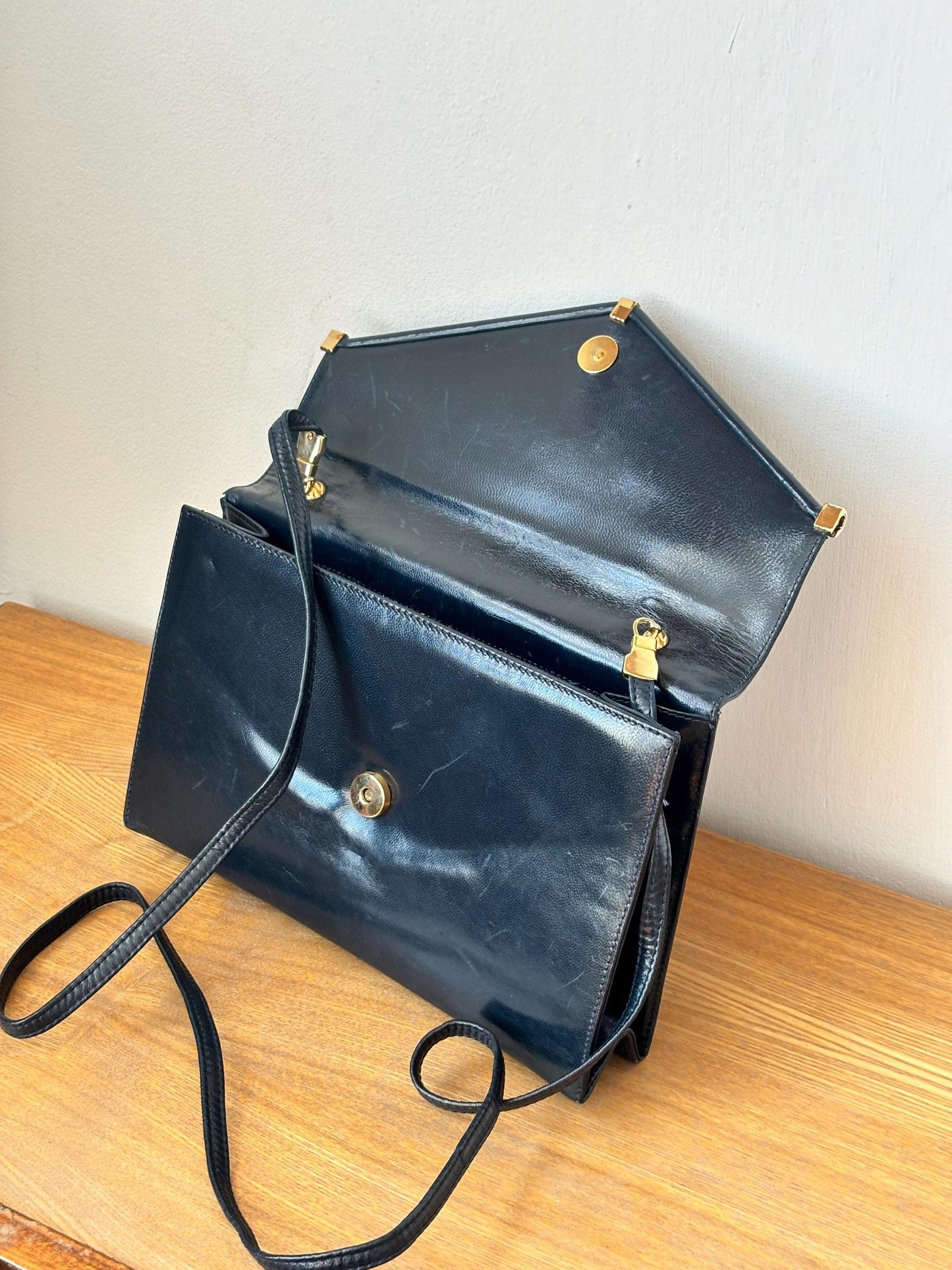 Vintage 90s Structured Envelope Faux Leather Bag In Blue