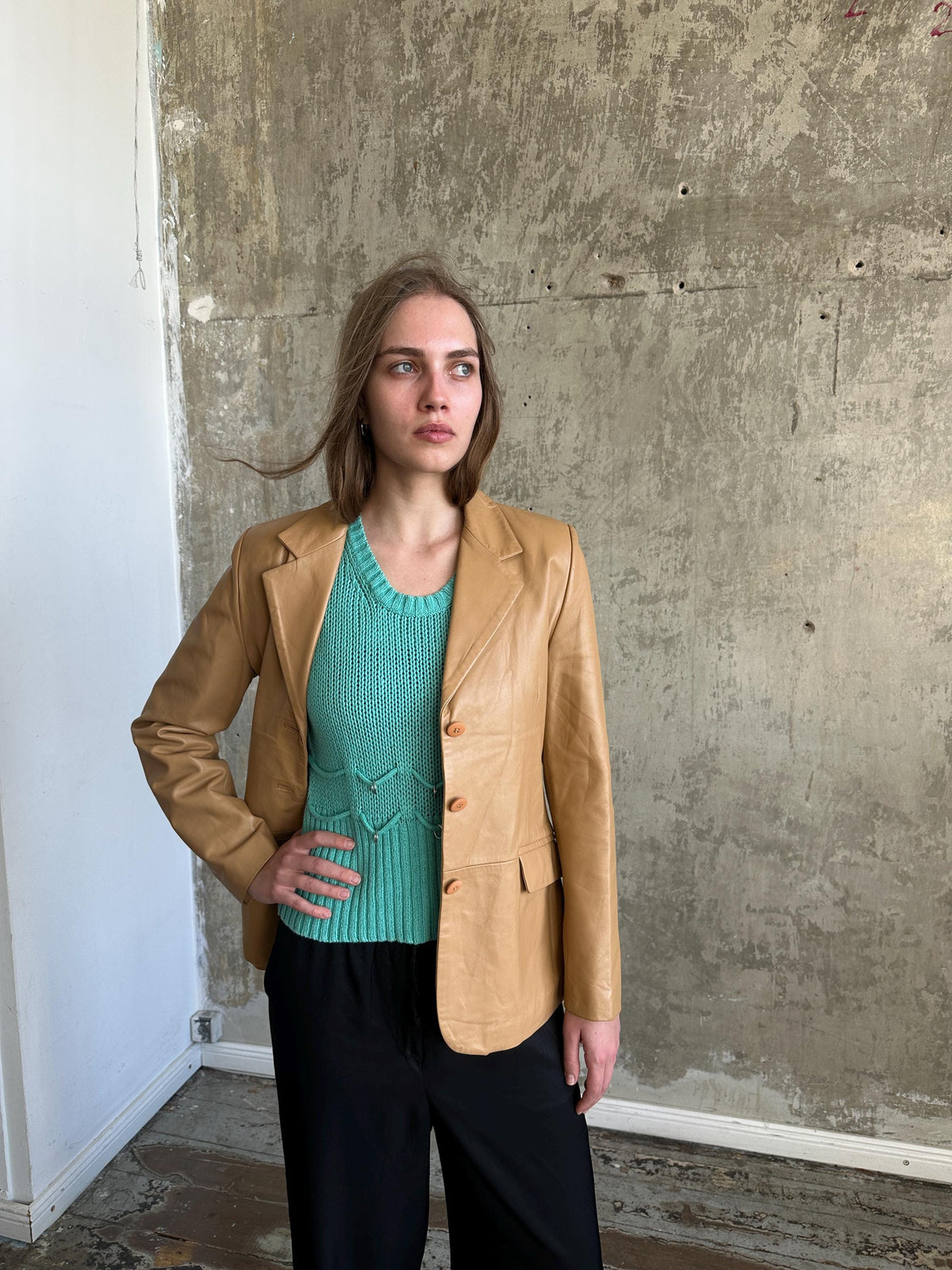 Vintage Caramel Leather Blazer | Lamb Leather Brown Jacket