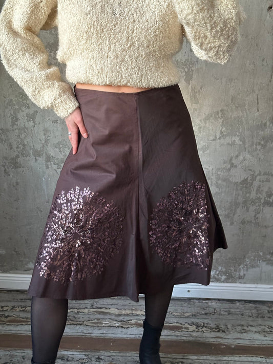 Vintage y2k shiny satin skirt in brown, midi office look skirt