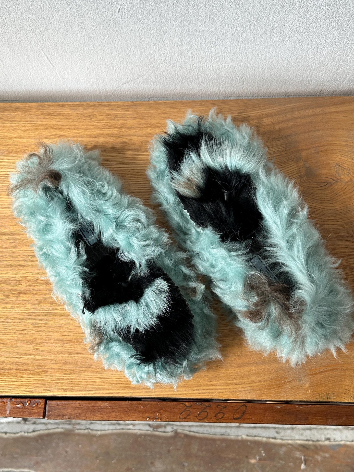 Vintage Prada Milano Shearling Fur Slipper | Mint Green & Black Furry Slides | US 6
