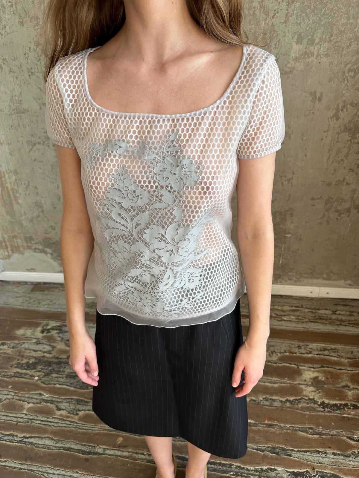 Vintage Cavalli Jeans Grey Mesh Top | Sheer Fishnet T-Shirt