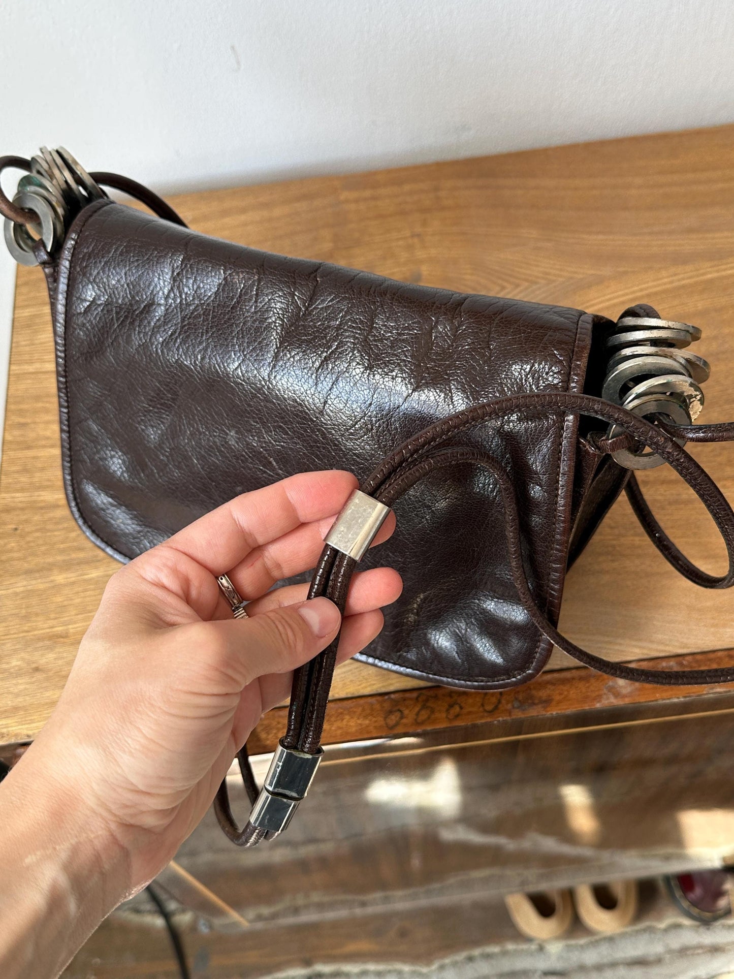 Vintage Dark Brown Leather Crossbody Saddle Bag