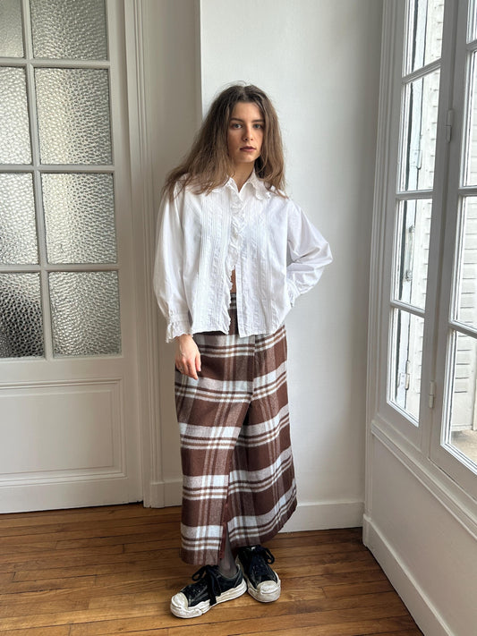Vintage Plaid Wool Maxi Skirt in Brown