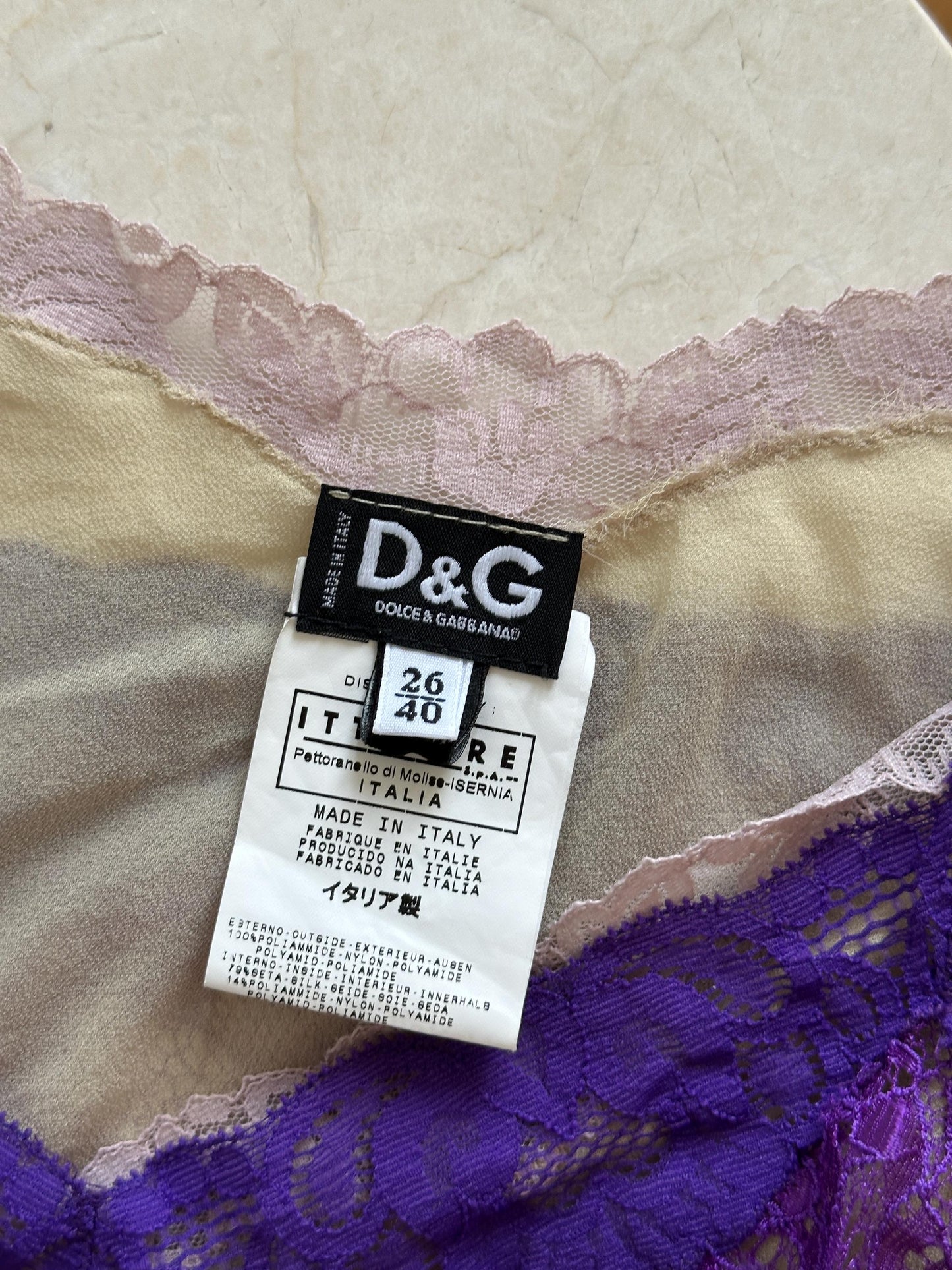 Vintage Dolce & Gabbana Lace Purple Top with Silk Blush Pink Cap Sleeve