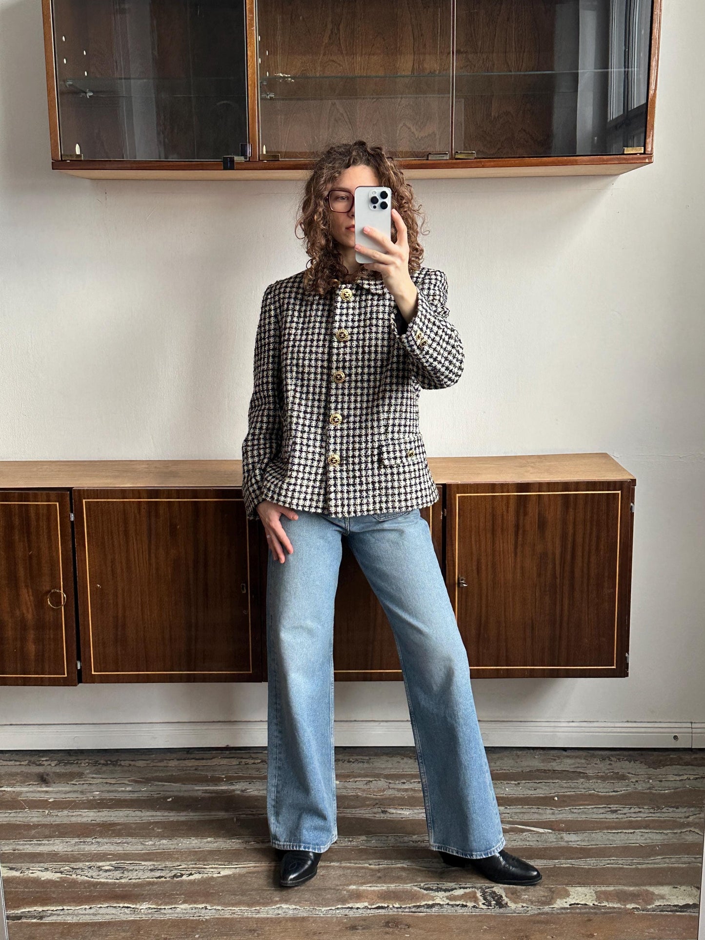 Vintage 80s Checked Tweed Blazer In Black & White