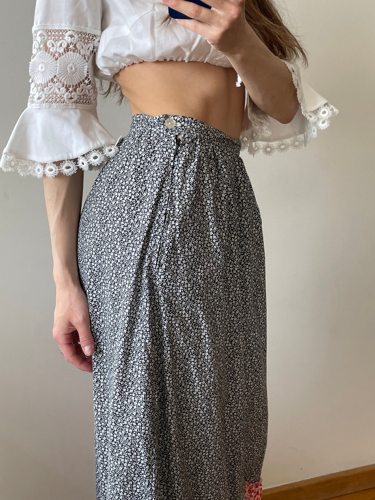 Vintage loose linen skirt, traditional maxi skirt with flowers