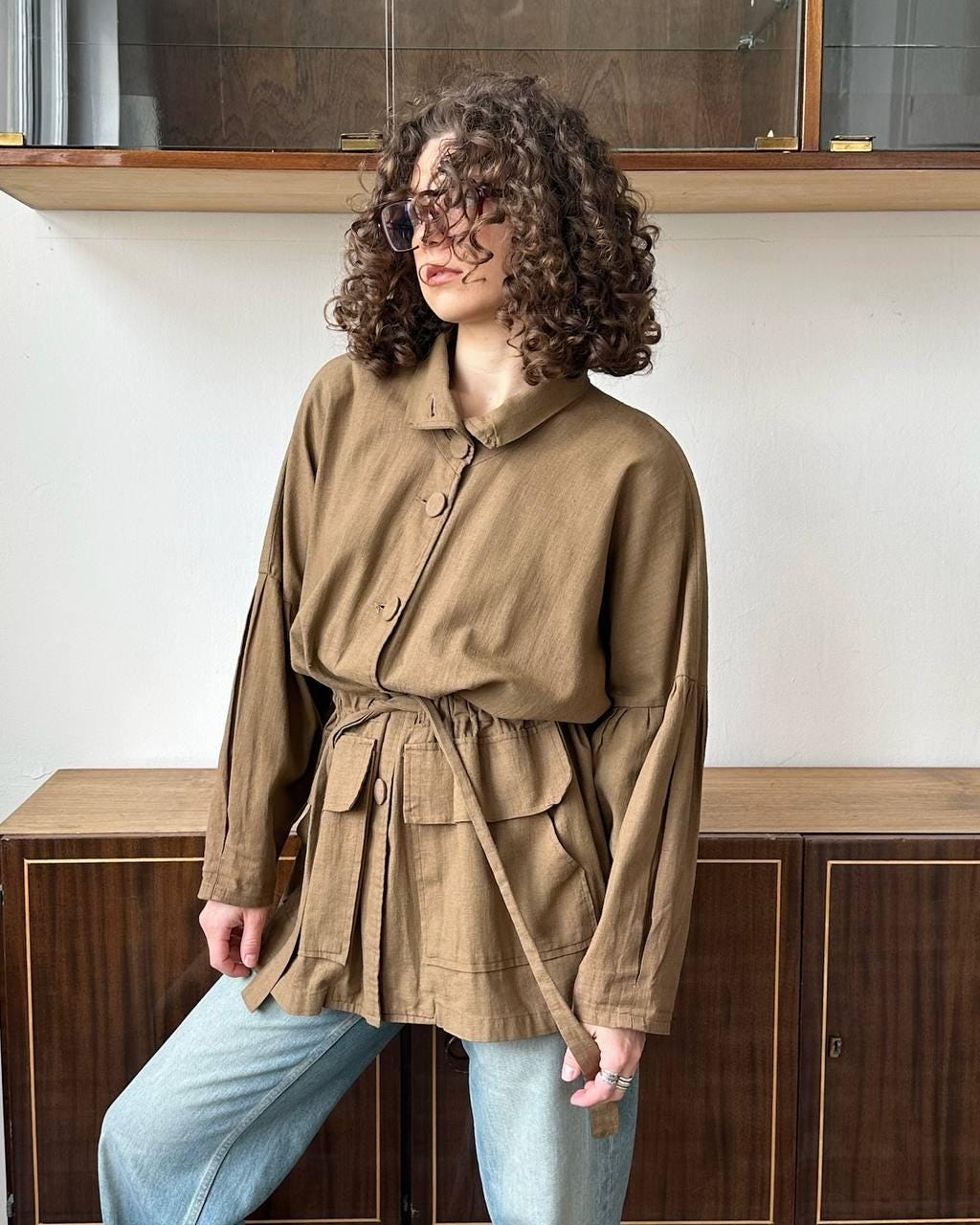 Vintage 90s oversized loose linen jacket in brown