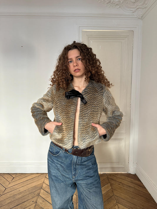 Vintage Cute Cropped Faux Fur Coat in Taupe Beige with Black Satin Bow