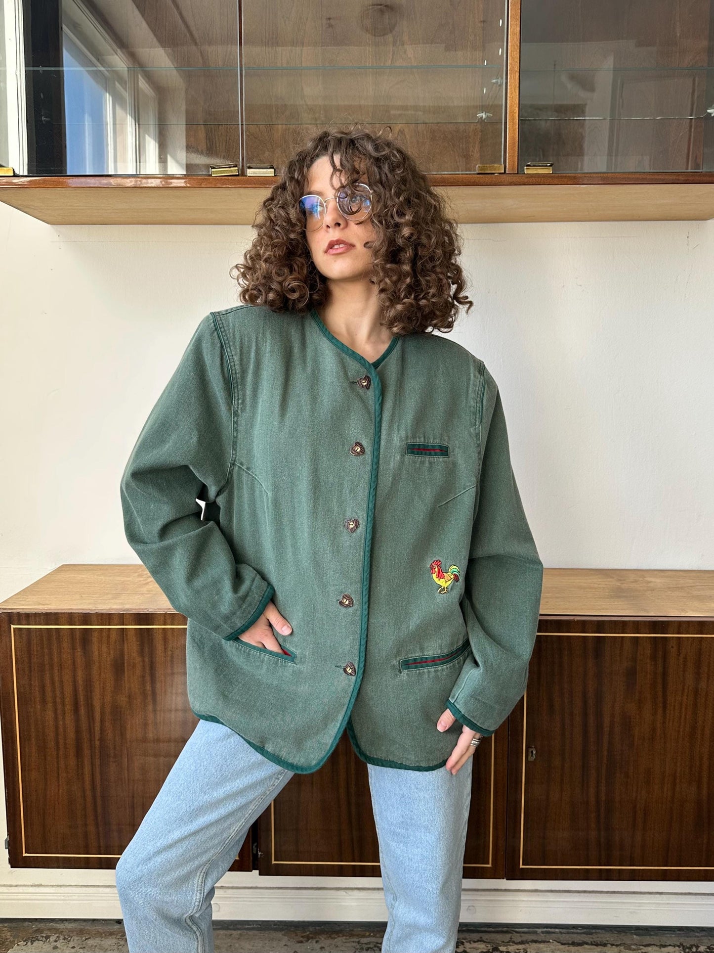 Vintage cotton oversized jacket with cock ebroidery in light green