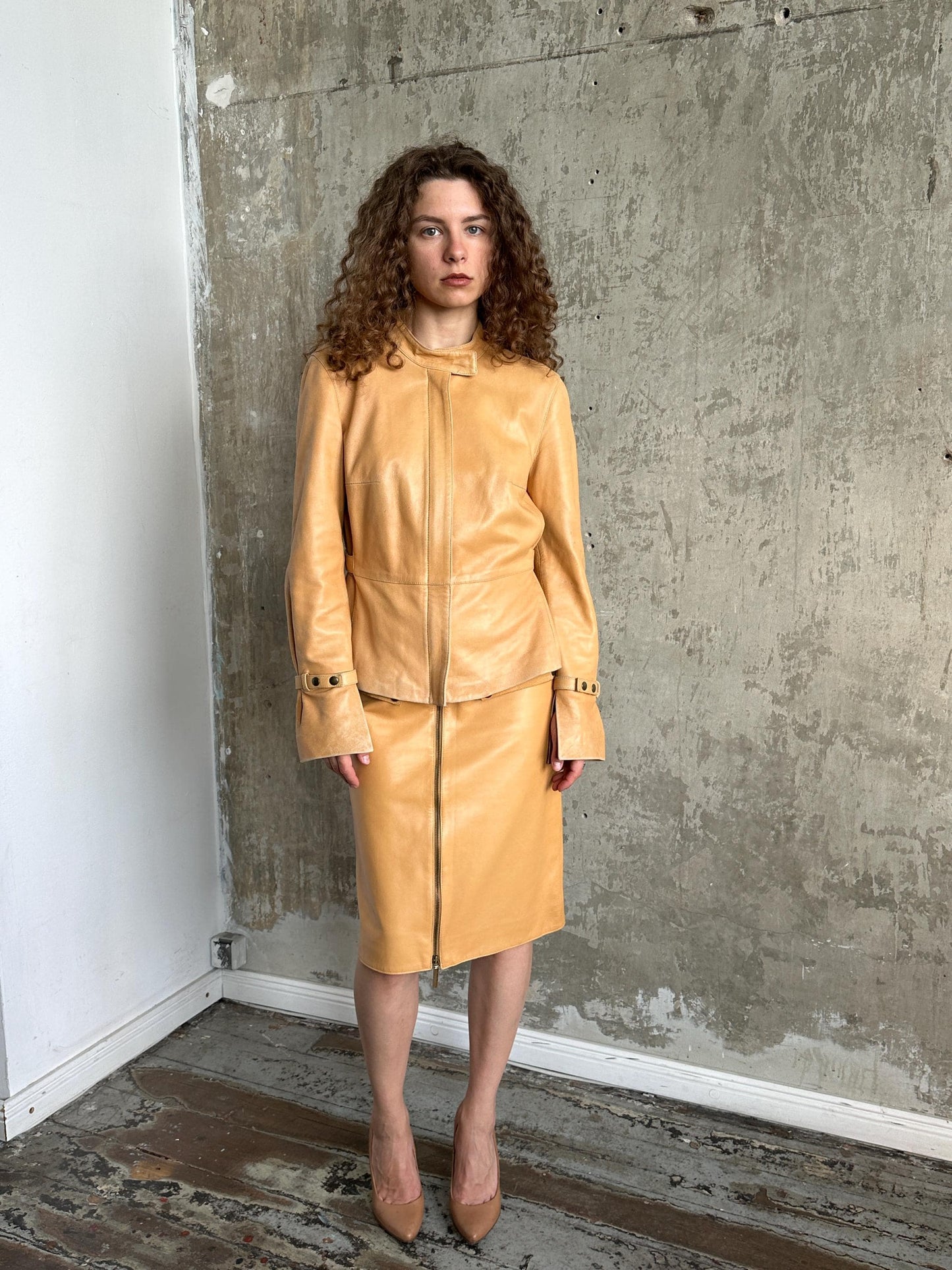 Vintage 90s Camel Tan Leather Suit | Jacket & Zip Skirt Set in Brown