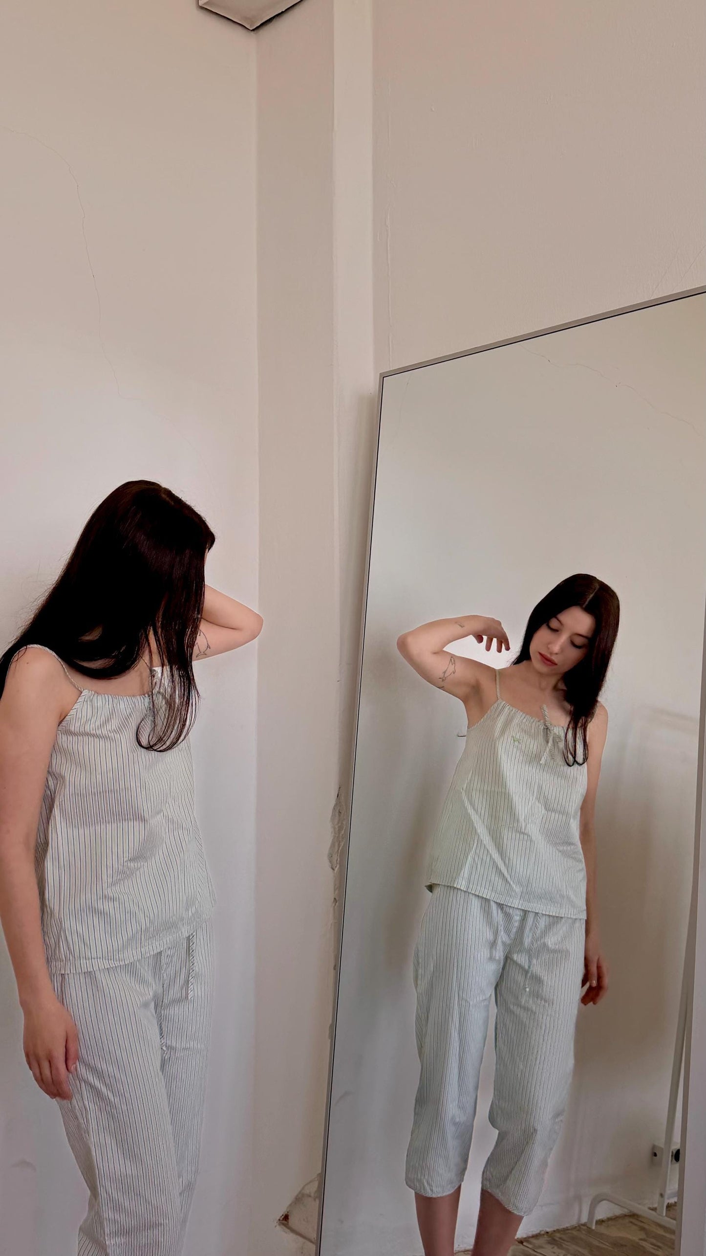 Vintage 90s striped pajama cotton top and trousers set in white