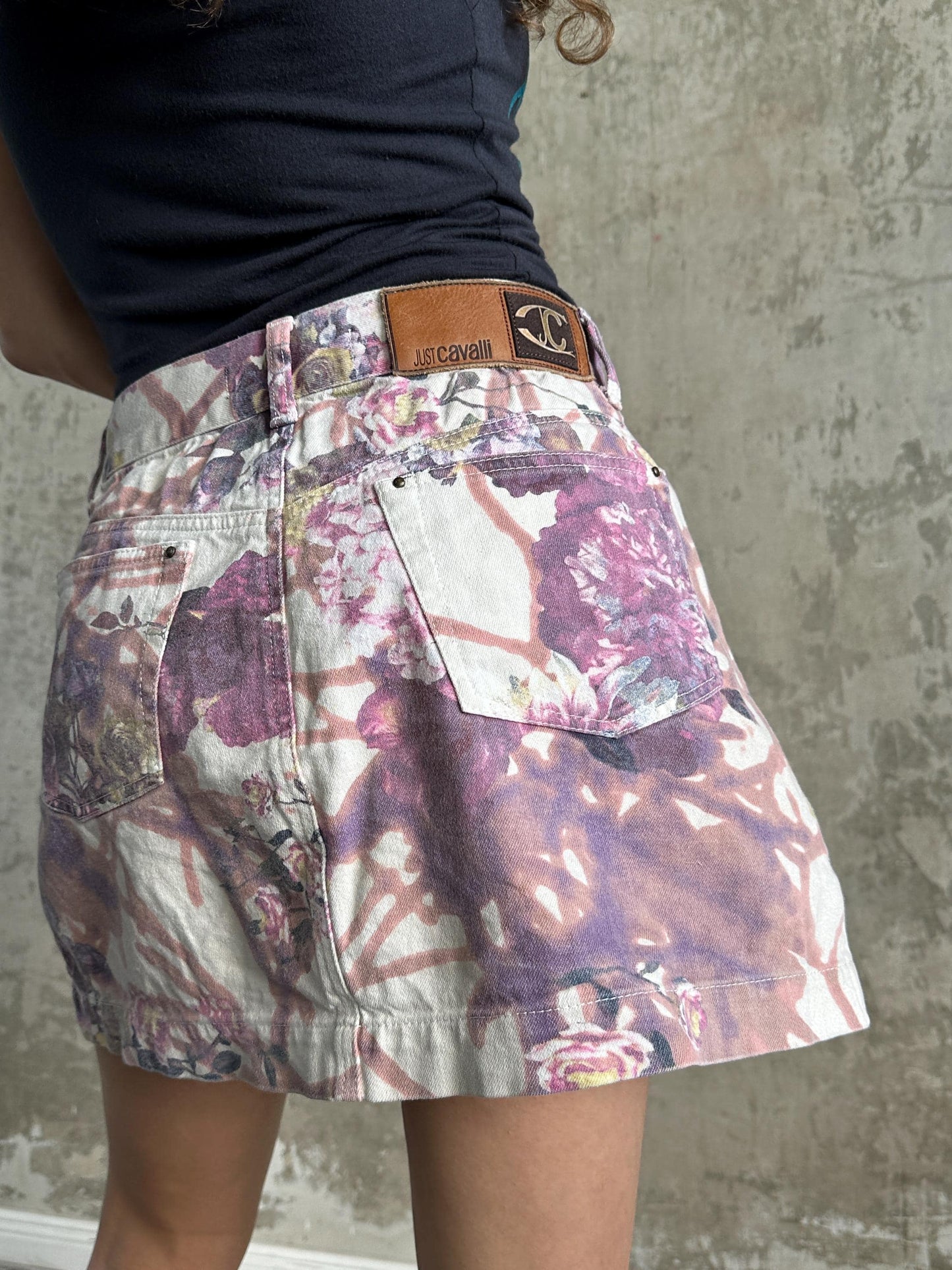 Vintage Y2K Cavalli Denim Floral Mini Skirt in Pink