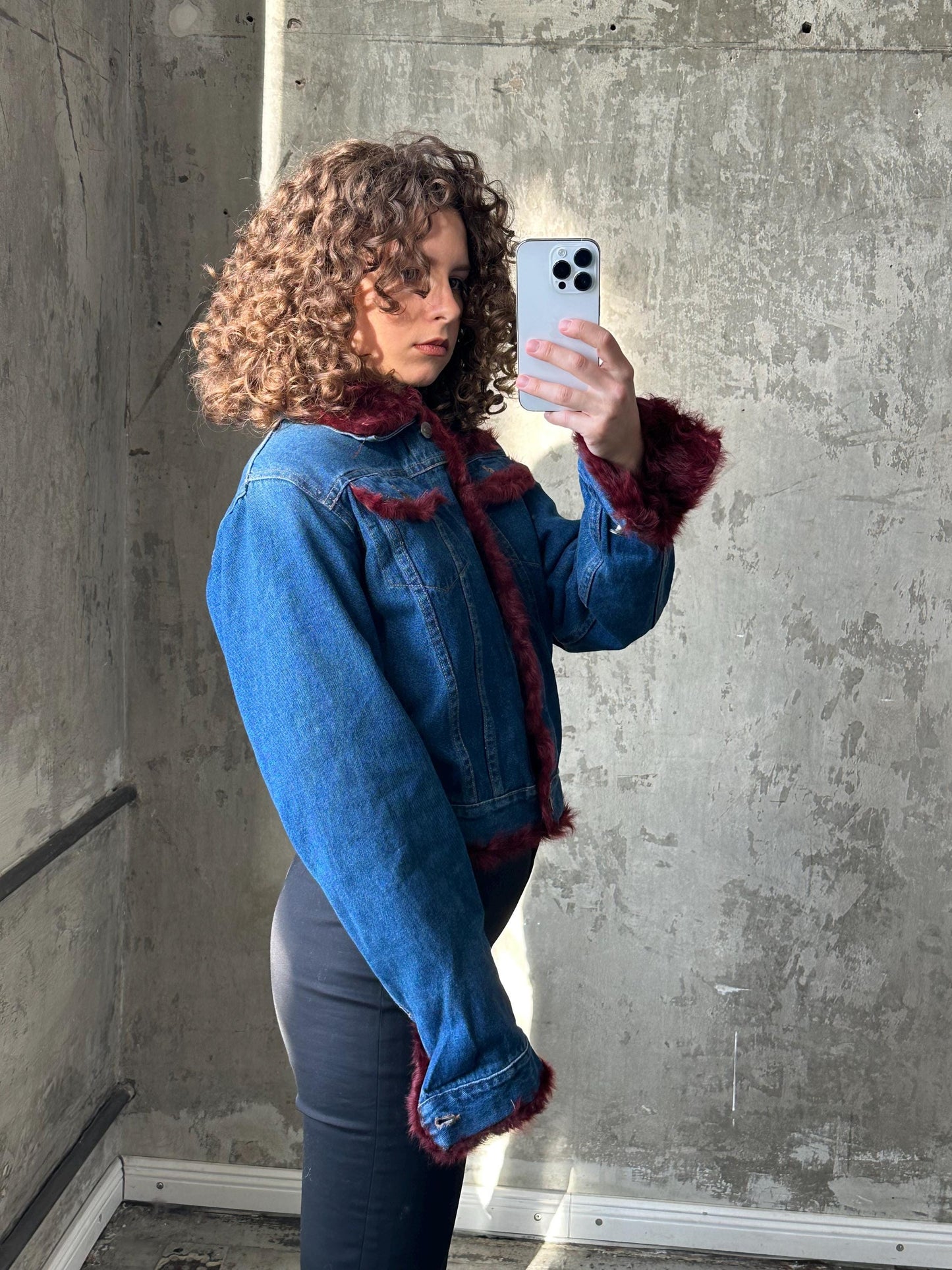 Vintage blue denim bomber jacket with fur lining