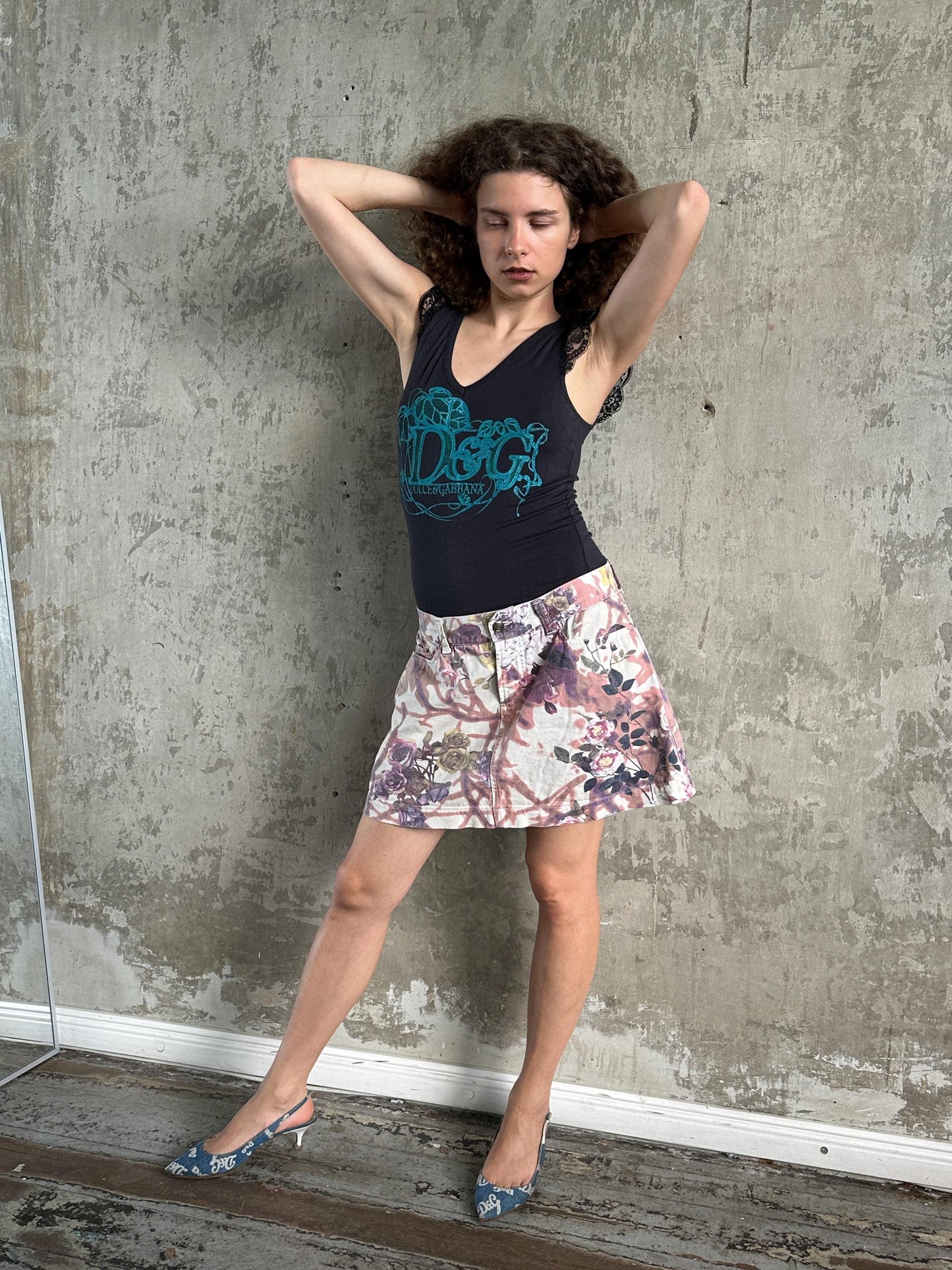 Vintage Y2K Cavalli Denim Floral Mini Skirt in Pink