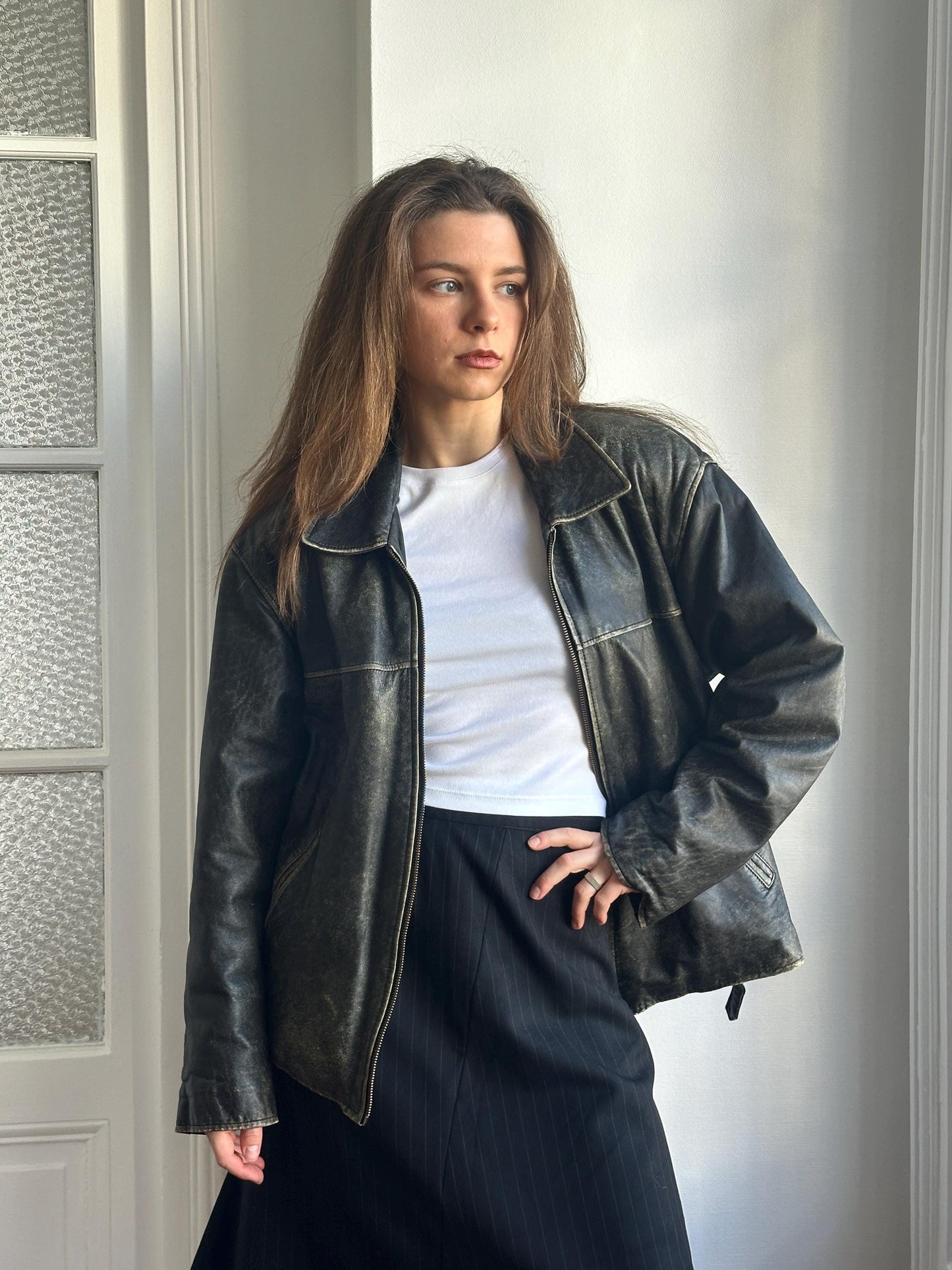 Vintage Distressed Leather Bomber Jacket in Black