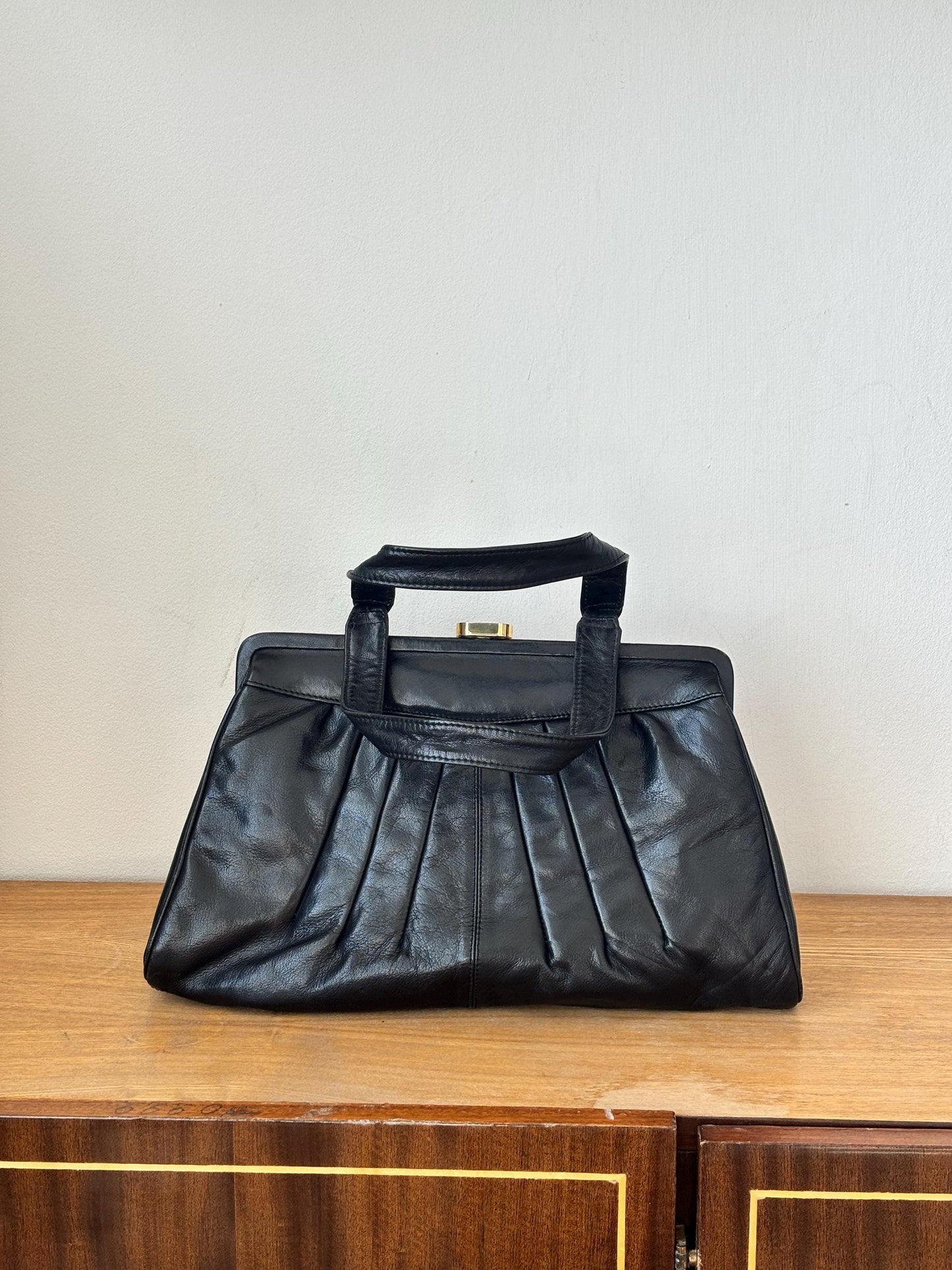 Vintage 90s Structured Top Handle Faux Leather Bag In Black