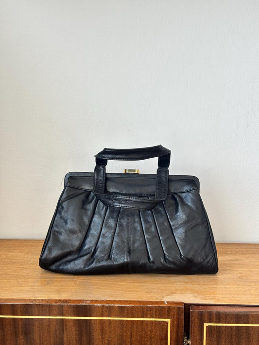 Vintage 90s Structured Top Handle Faux Leather Bag In Black