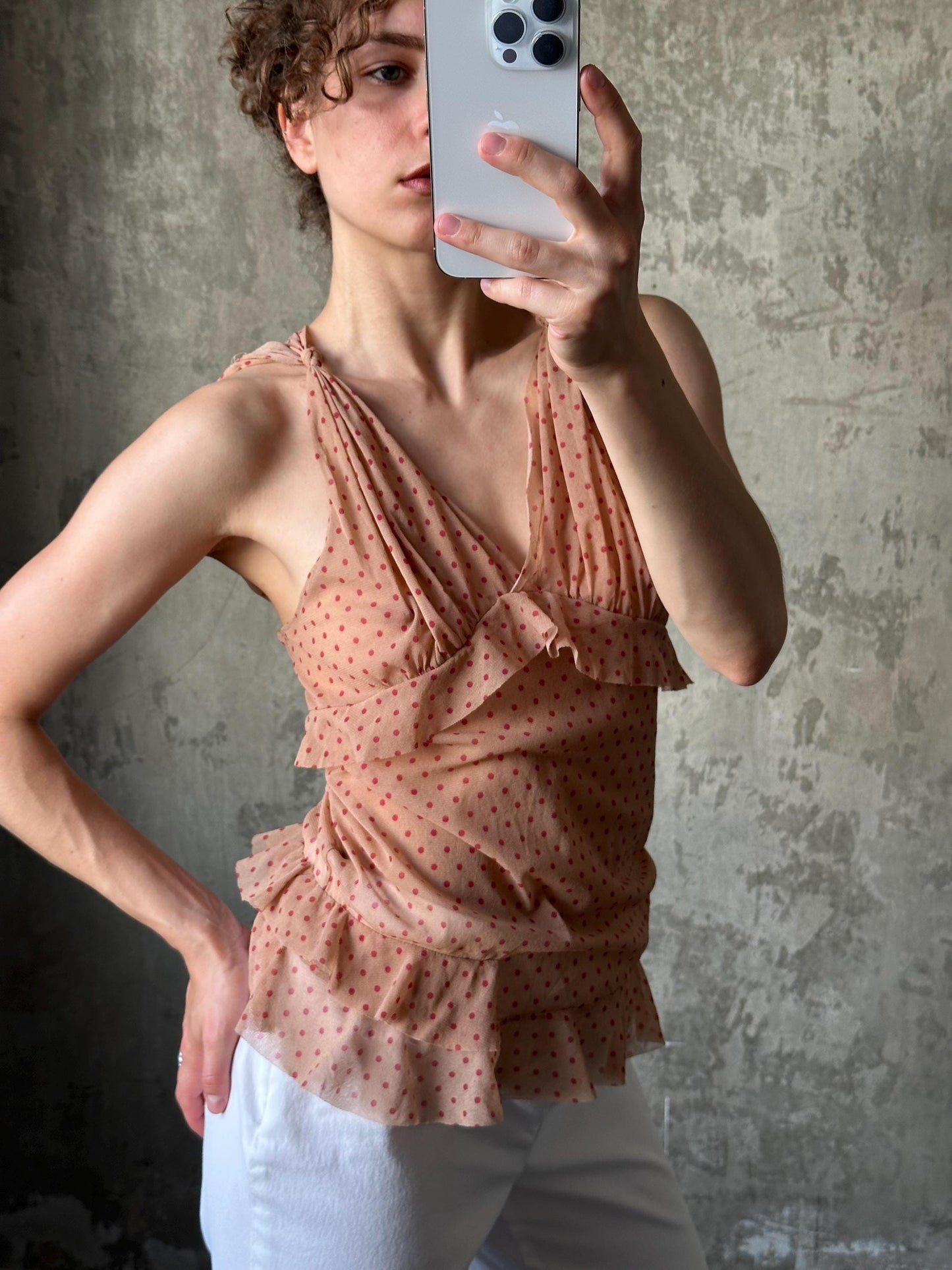 Vintage 00s Liu Jo polka dot sleeveless top in beige