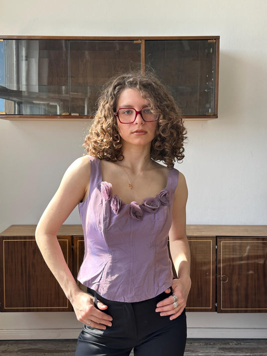 Vintage prom satin top in purple decorated with flowers