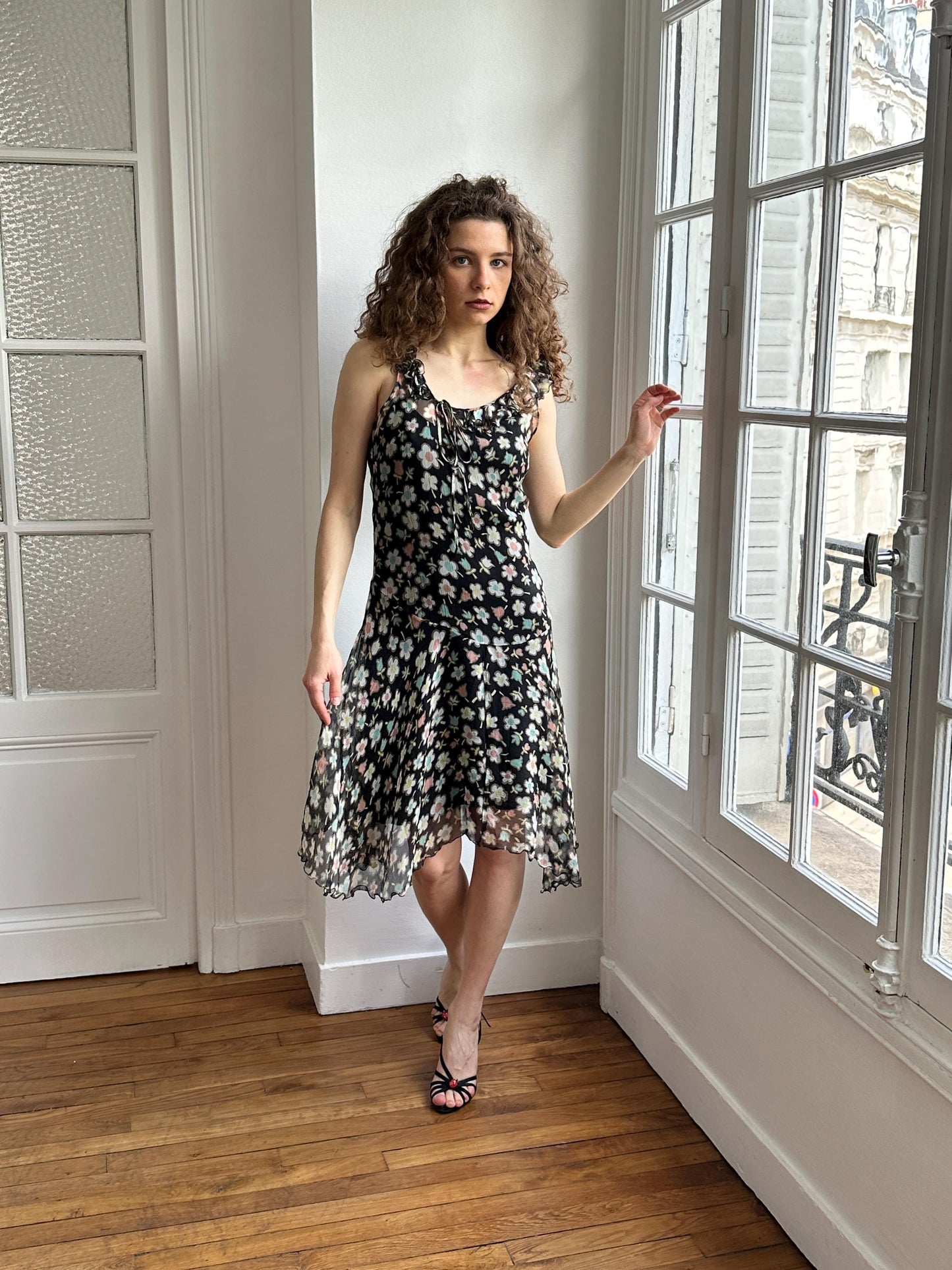 Moschino Cheap and Chic Black Floral Chiffon Midi Dress