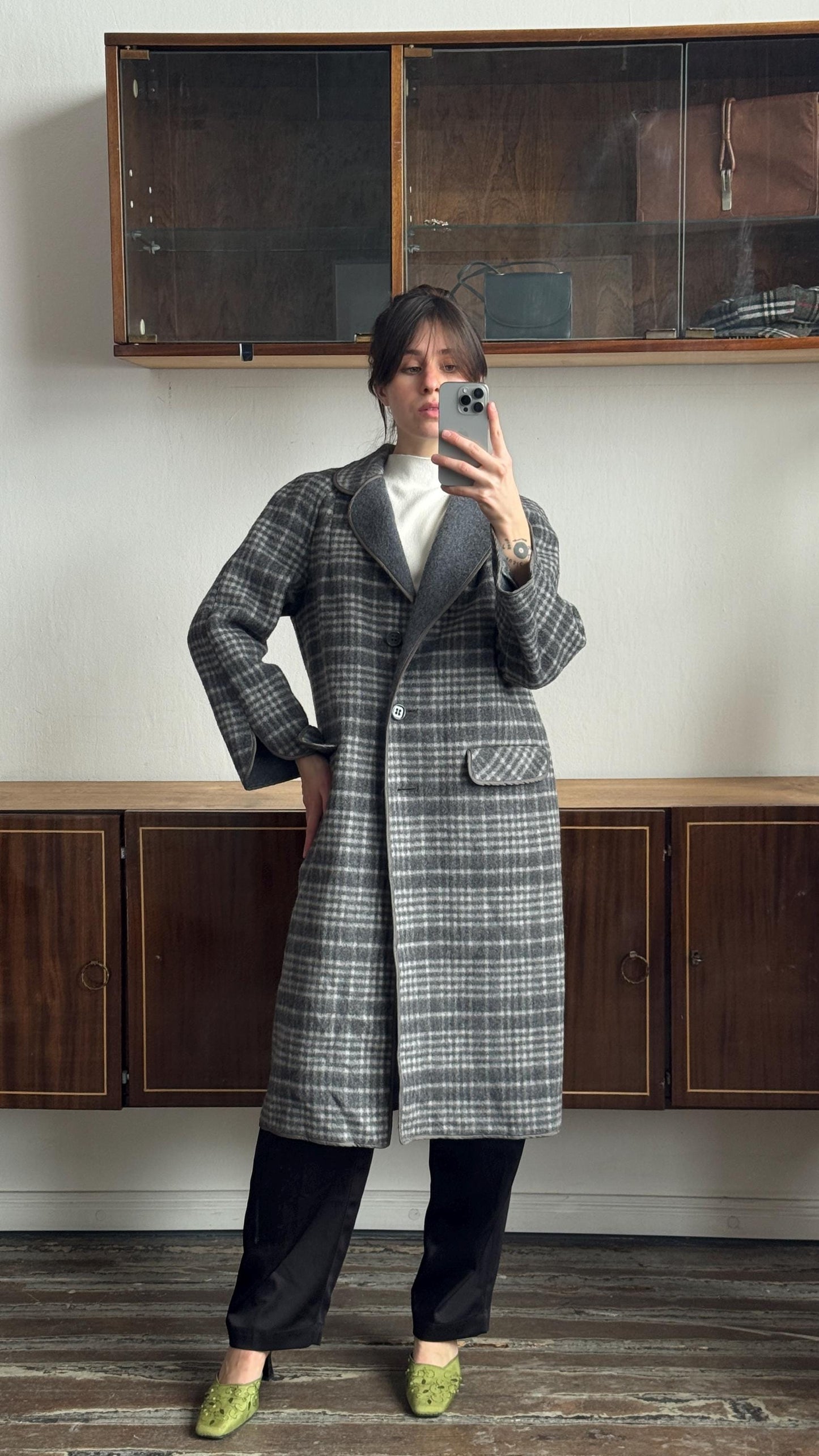 Vintage Fitted Checked Wool Coat In Grey