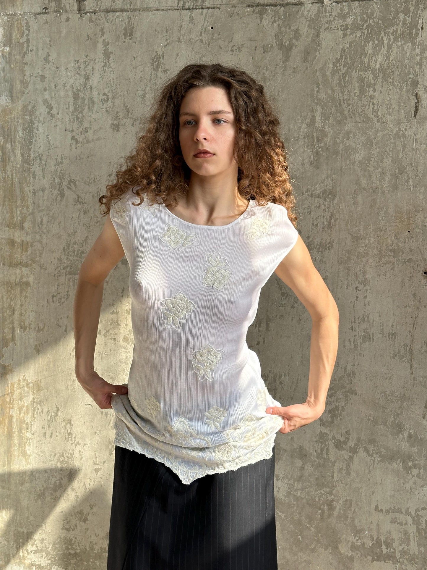 Vintage White Silk Floral Tunic | Embroidered Romantic Dress