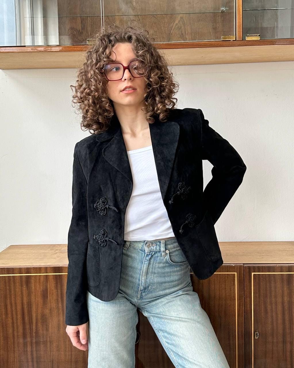Vintage suede leather blazer in black