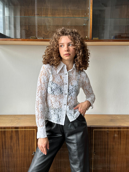 Vintage lace blouse in white, sheer blouse